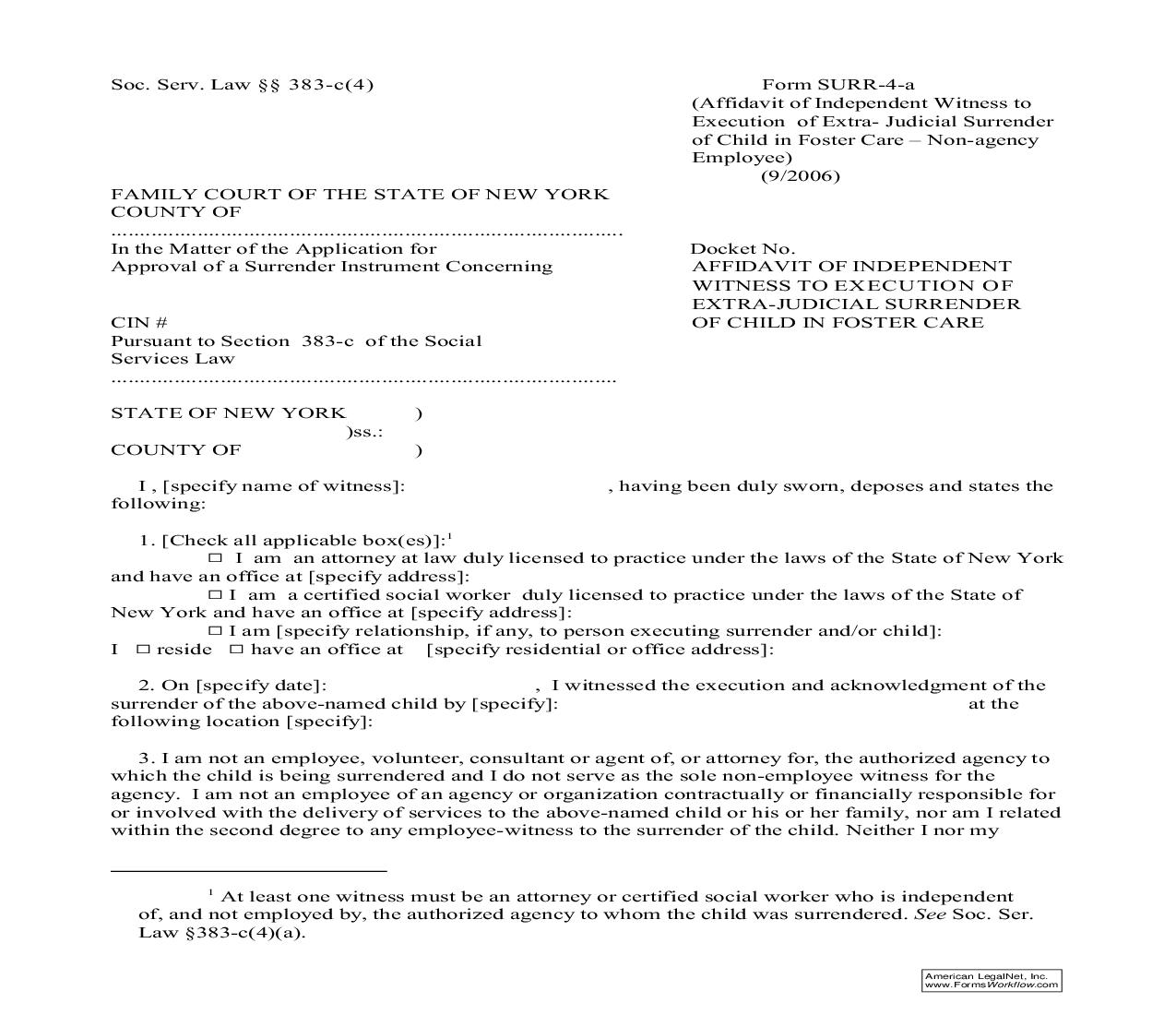 Affidavit Of Independent Witness To Execution Of Extra Judicial Surrender Of Child In Foster Care {SURR-4a} | Pdf Fpdf Doc Docx | New York
