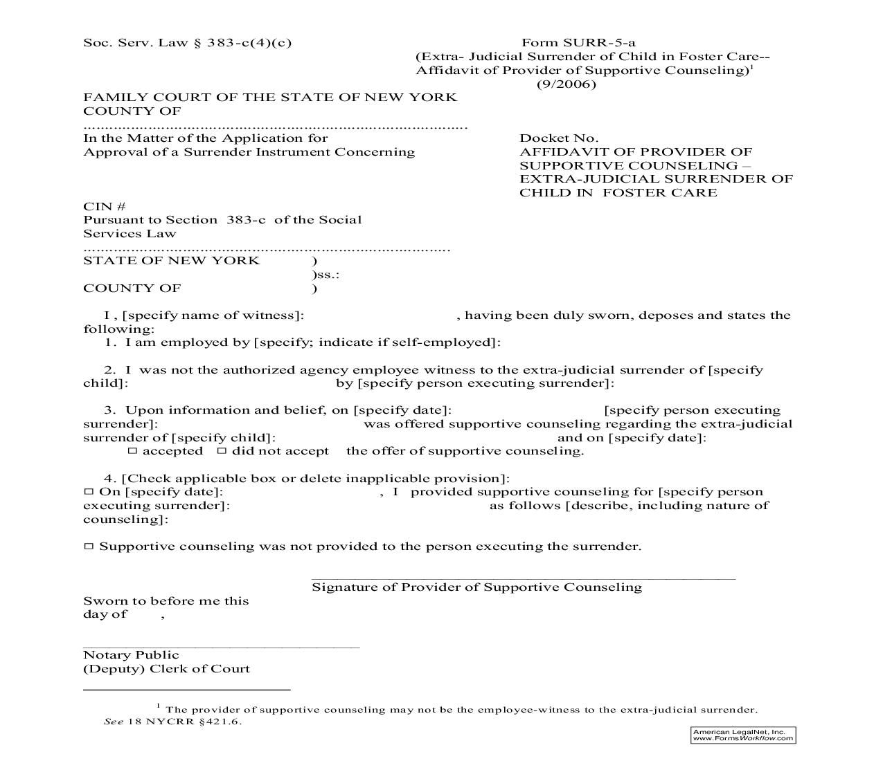 Affidavit Of Provider Of Supportive Counseling Extra Judicial Surrender Of Child In Foster Care {SURR-5-a} | Pdf Fpdf Doc Docx | New York