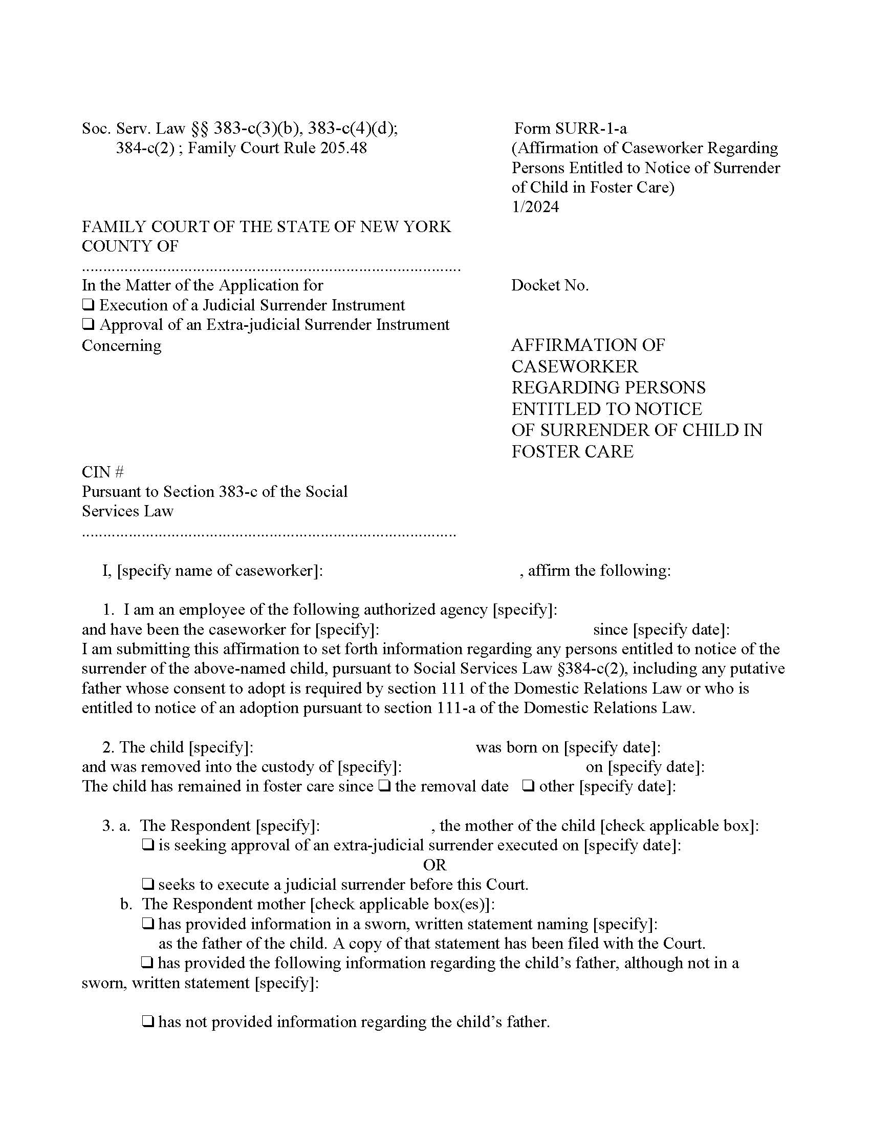 Affirmation Of Caseworker Persons Entitled Notice Surrender Of Child Foster Care {SURR-1-a} | Pdf Fpdf Doc Docx | New York