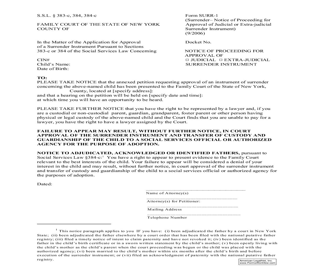 Notice Of Proceeding For Approval Of Judicial Or Extra Judicial Surrender Instrument {SURR-1} | Pdf Fpdf Doc Docx | New York