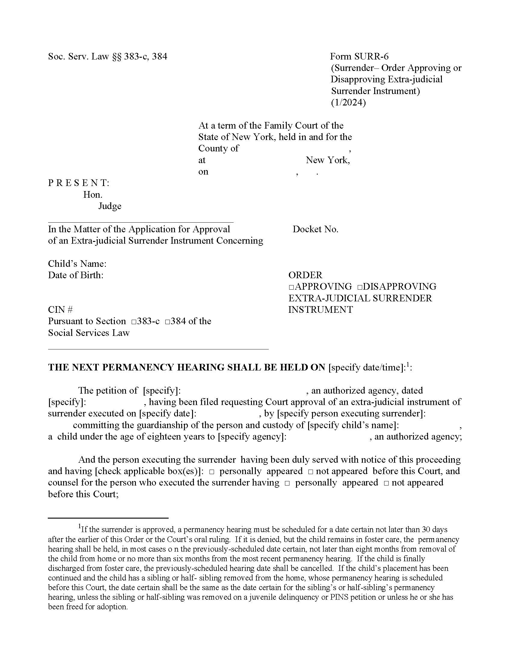 Order Approving Or Disapproving Extra Judicial Surrender Instrument {SURR-6} | Pdf Fpdf Doc Docx | New York