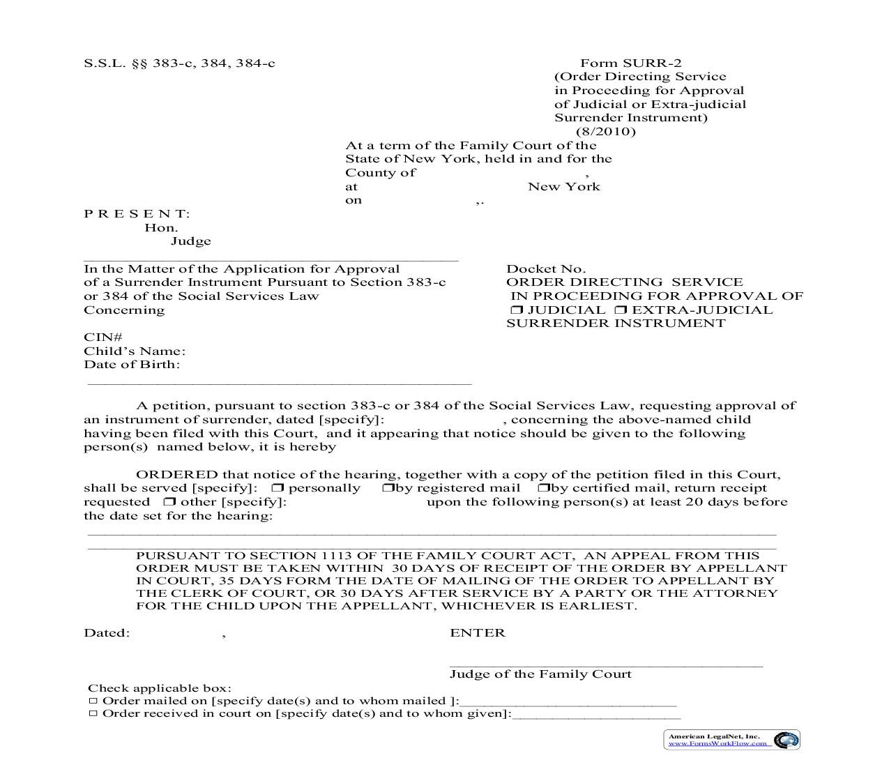 Order Directing Service In Proceeding For Approval Of Judicial Or Extra Judicial Surrender Instrument {SURR-2} | Pdf Fpdf Doc Docx | New York