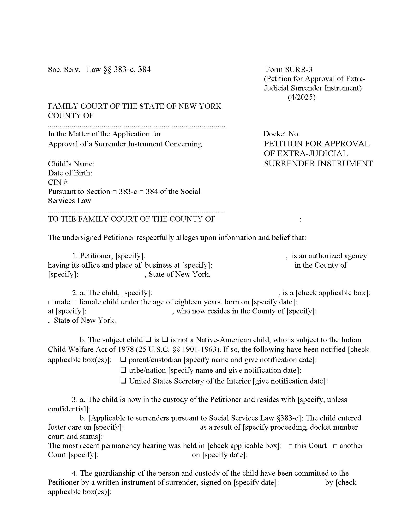 Petition For Approval Of Extra-Judicial Surrender Instrument {SURR-3} | Pdf Fpdf Doc Docx | New York