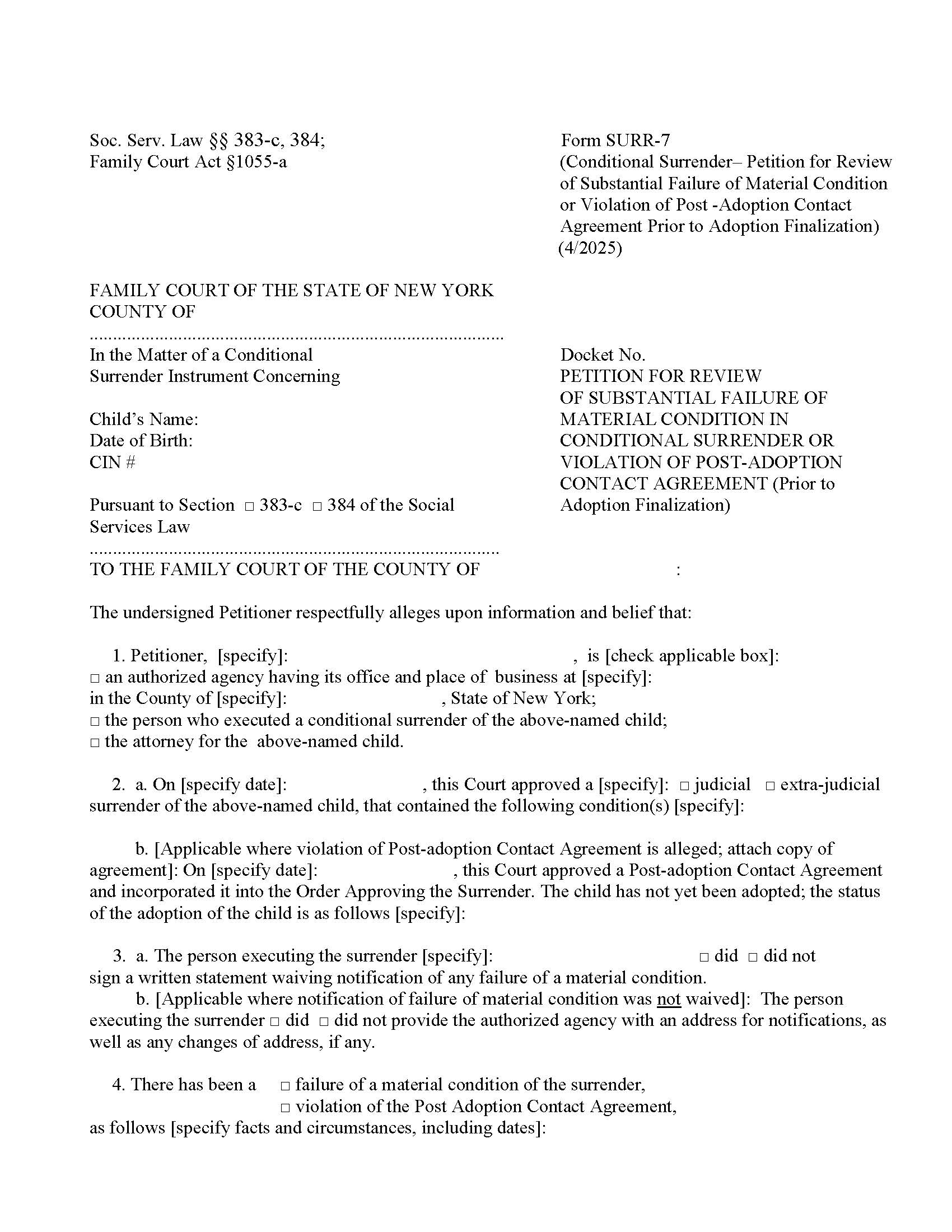Petition For Review Of Failure Of Material Condition In Conditional Surrender {SURR-7} | Pdf Fpdf Doc Docx | New York