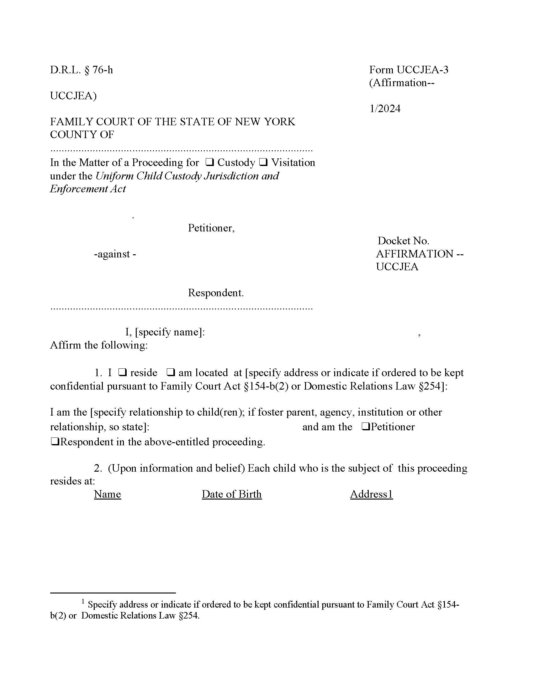 Affirmation {UCCJEA-3} | Pdf Fpdf Doc Docx | New York