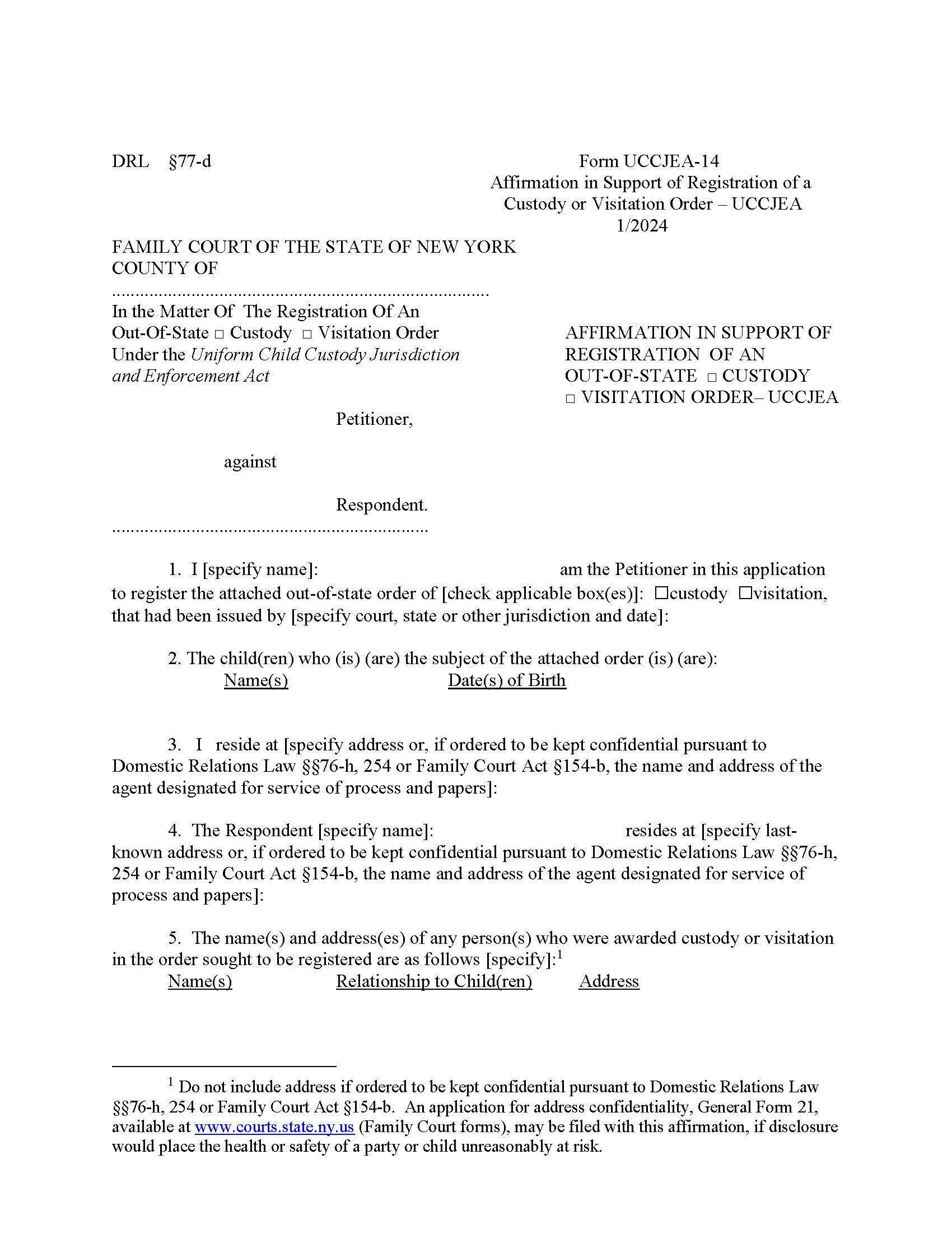 Affirmation In Support Of Registration Of Out Of State Custody-Visitation {UCCJEA-14} | Pdf Fpdf Doc Docx | New York