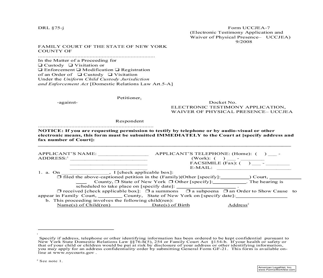 Electronic Testimony Application - Waiver Of Physical Presence {UCCJEA-7} | Pdf Fpdf Doc Docx | New York