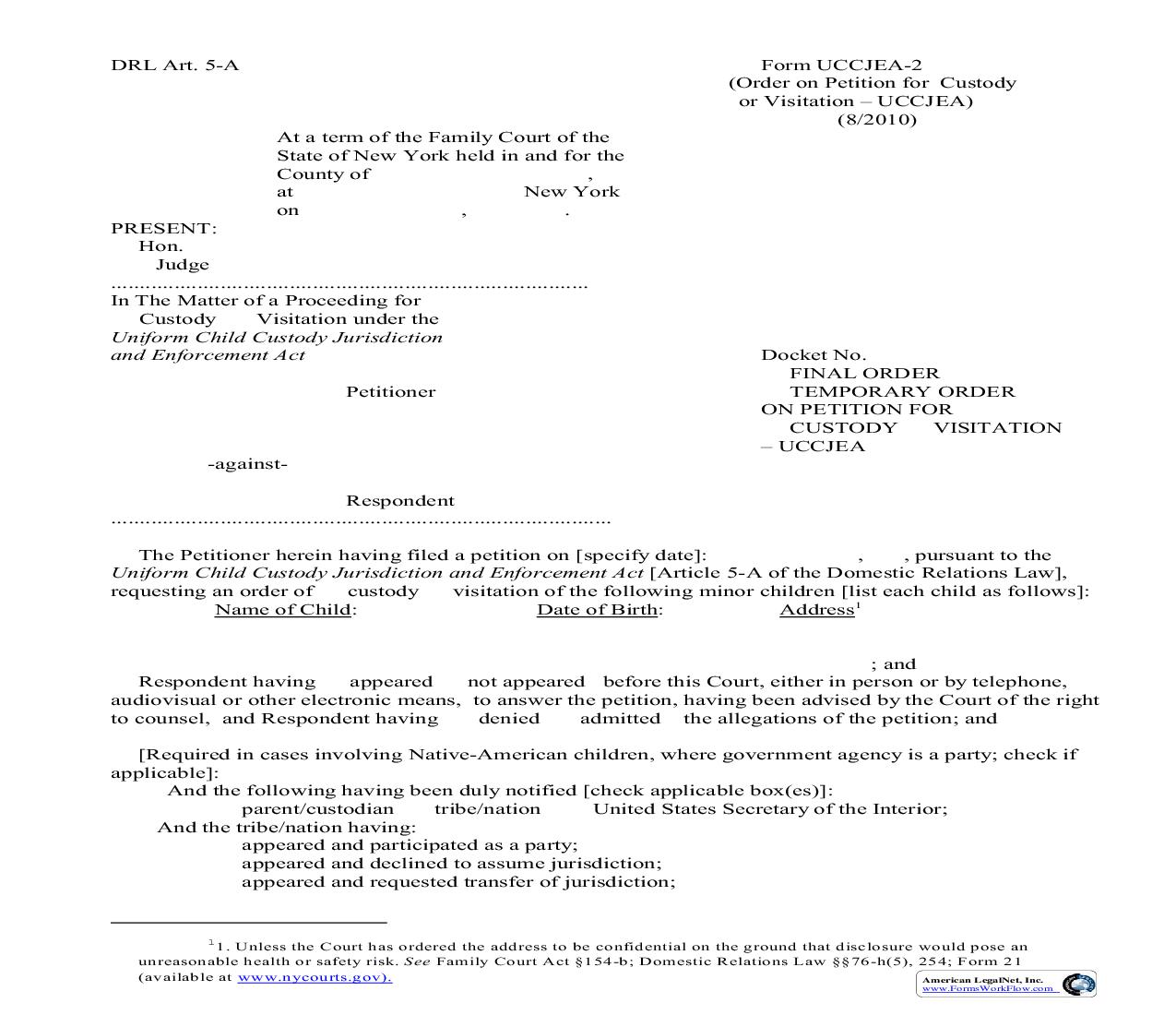 Final Or Temporary Order On Petition For Custody Or Visitation {UCCJEA-2} | Pdf Fpdf Doc Docx | New York