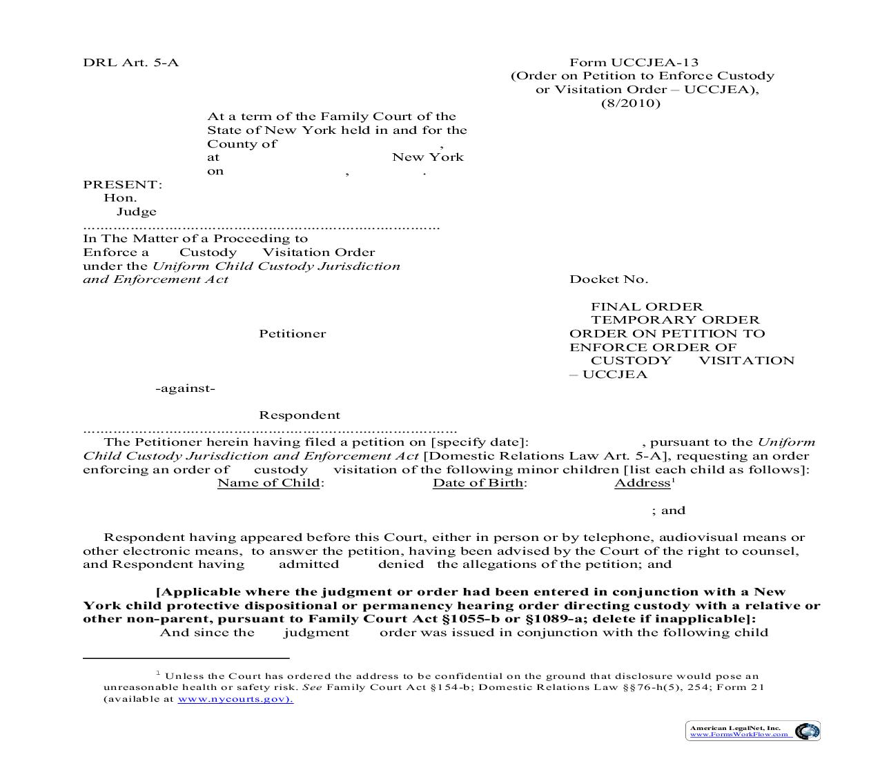 Final Or Temporary Order On Petition To Enforce Order Of Custody Or Visitation {UCCJEA-13} | Pdf Fpdf Doc Docx | New York