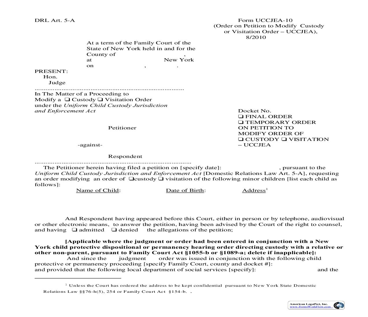 Final Or Temporary Order On Petition To Modify Order Of Custody Or Visitation {UCCJEA-10} | Pdf Fpdf Doc Docx | New York