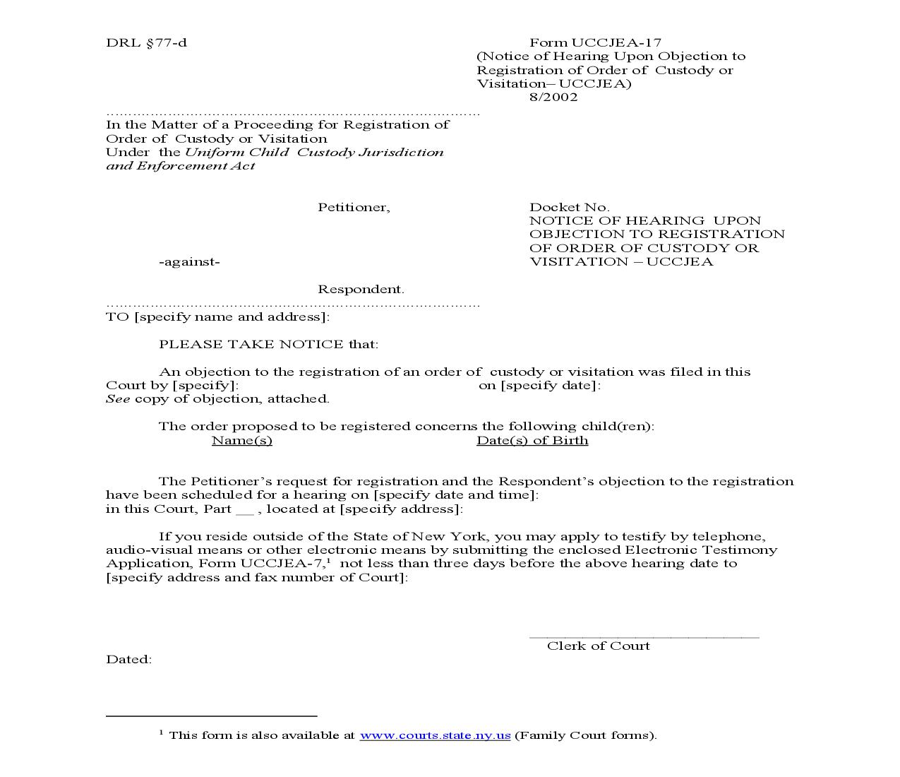 Notice Of Hearing Upon Objection To Registration Of Order Of Custody Or Visitation {UCCJEA-17} | Pdf Fpdf Doc Docx | New York