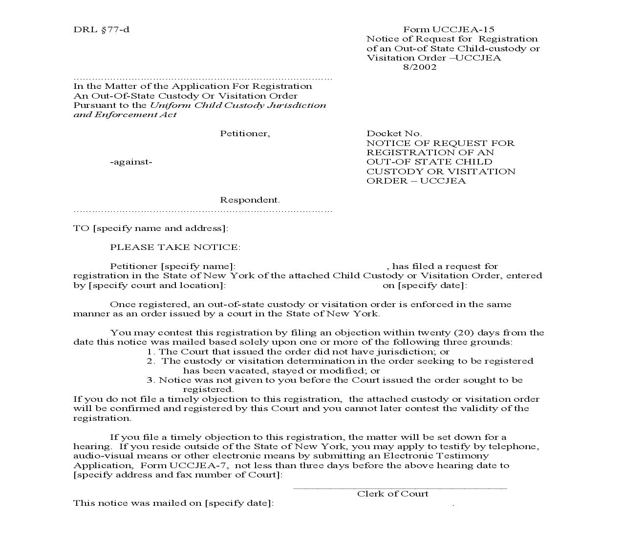 Notice Of Request For Registration Of Out Of State Child Custody Or Visitation Order {UCCJEA-15} | Pdf Fpdf Doc Docx | New York