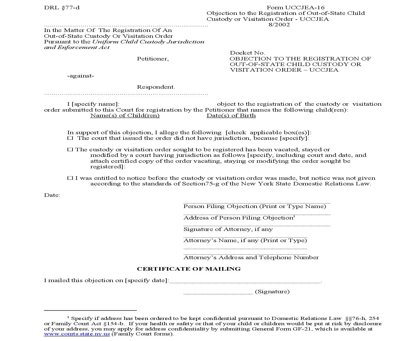 Objection To Registration Of Out Of State Child Custody Or Visitation Order {UCCJEA-16} | Pdf Fpdf Doc Docx | New York