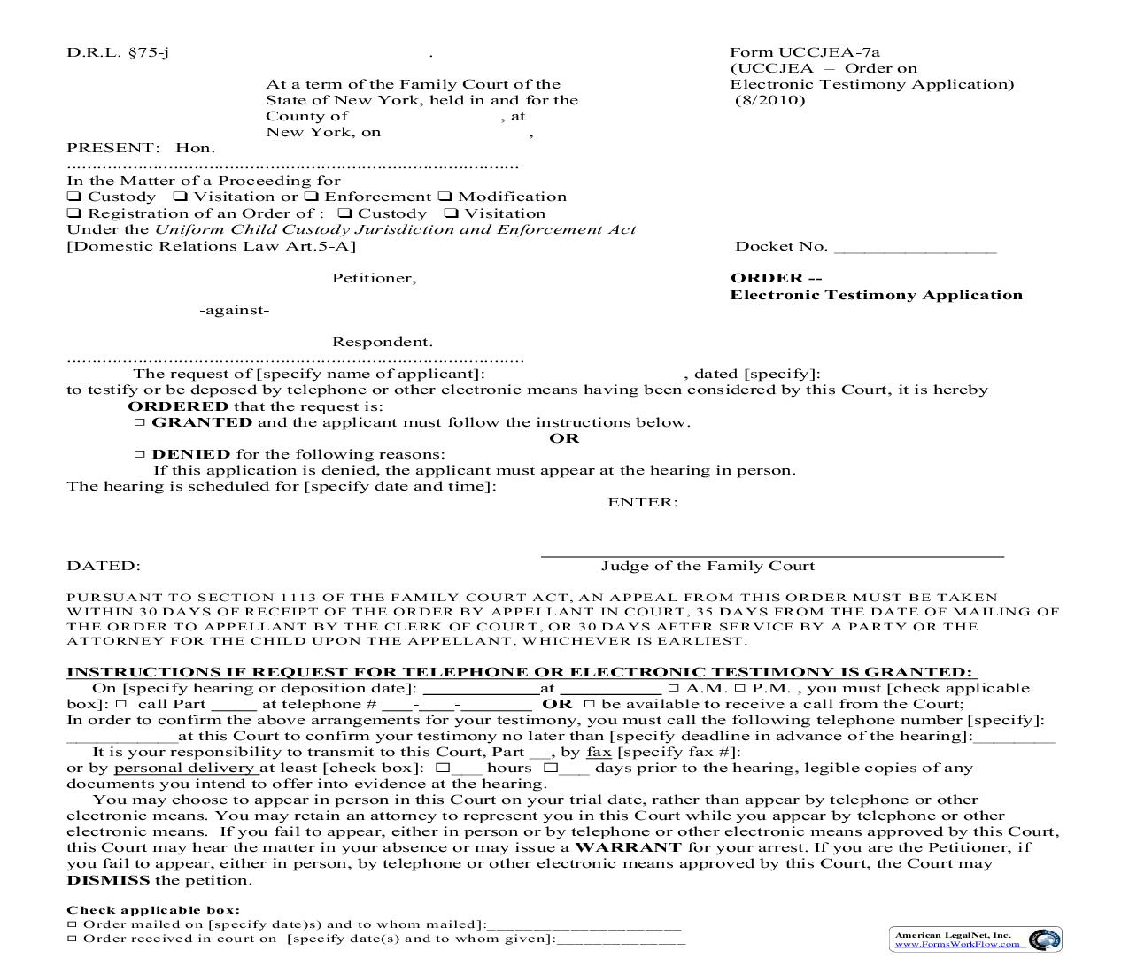 Order - Electronic Testimony Application {UCCJEA-7a} | Pdf Fpdf Doc Docx | New York