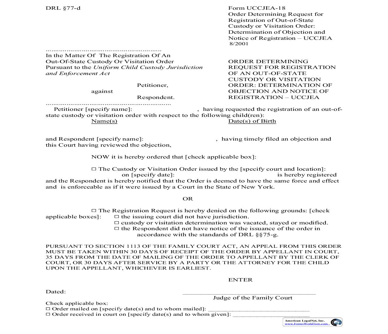 Order Determining Request For Registration Of Out Of State Custody Or Visitation Order {UCCJEA-18} | Pdf Fpdf Doc Docx | New York