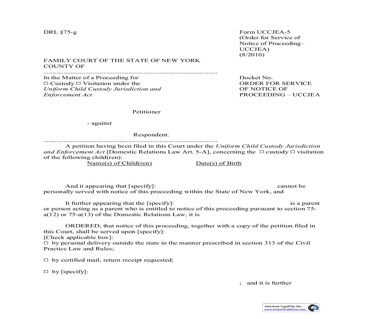 Order For Service Of Notice Of Proceeding {UCCJEA-5} | Pdf Fpdf Doc Docx | New York