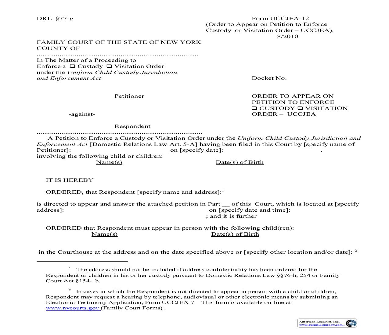 Order To Appear On Petition To Enforce Custody Or Visitation Order {UCCJEA-12} | Pdf Fpdf Doc Docx | New York