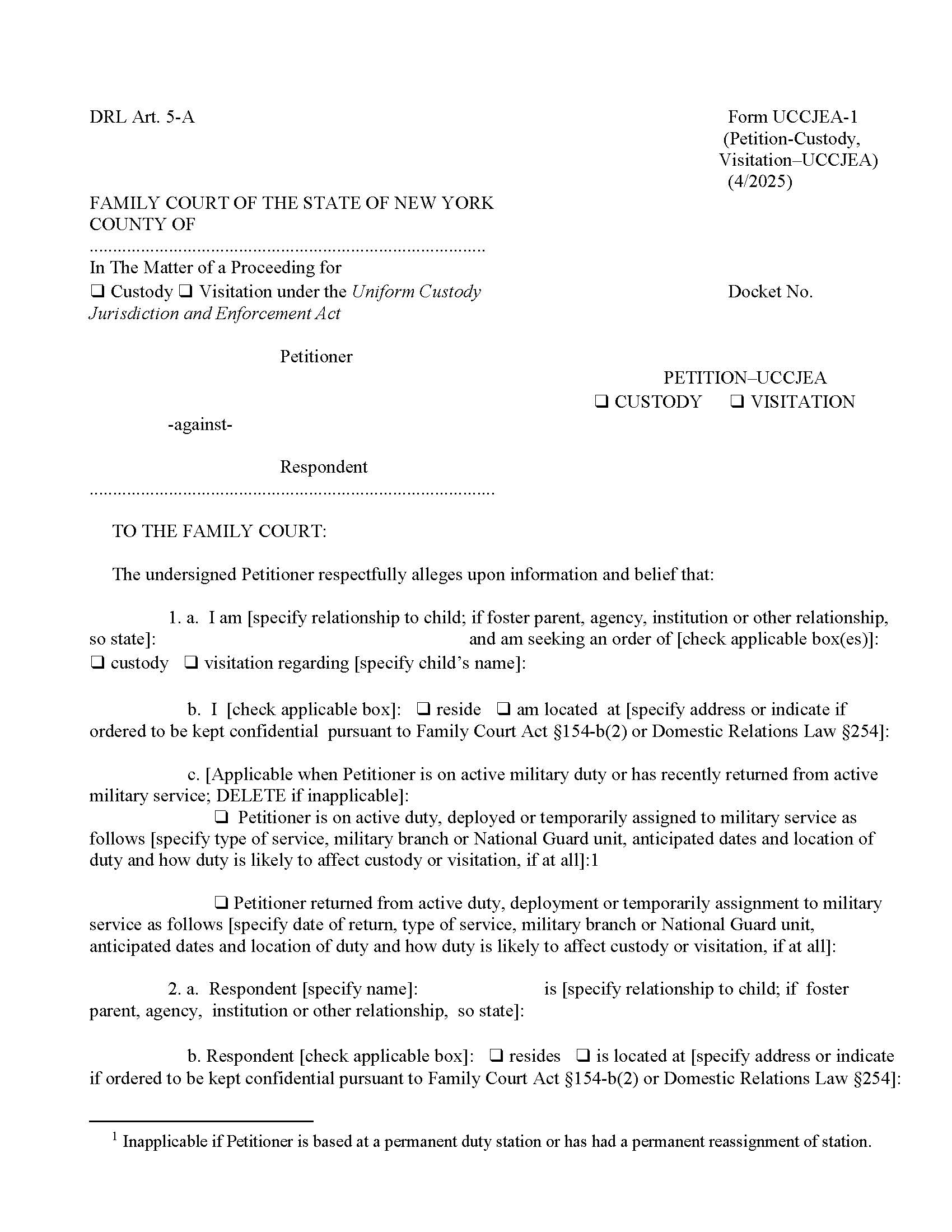 Petition - Custody Or Visitation UCCJEA {UCCJEA-1} | Pdf Fpdf Doc Docx | New York