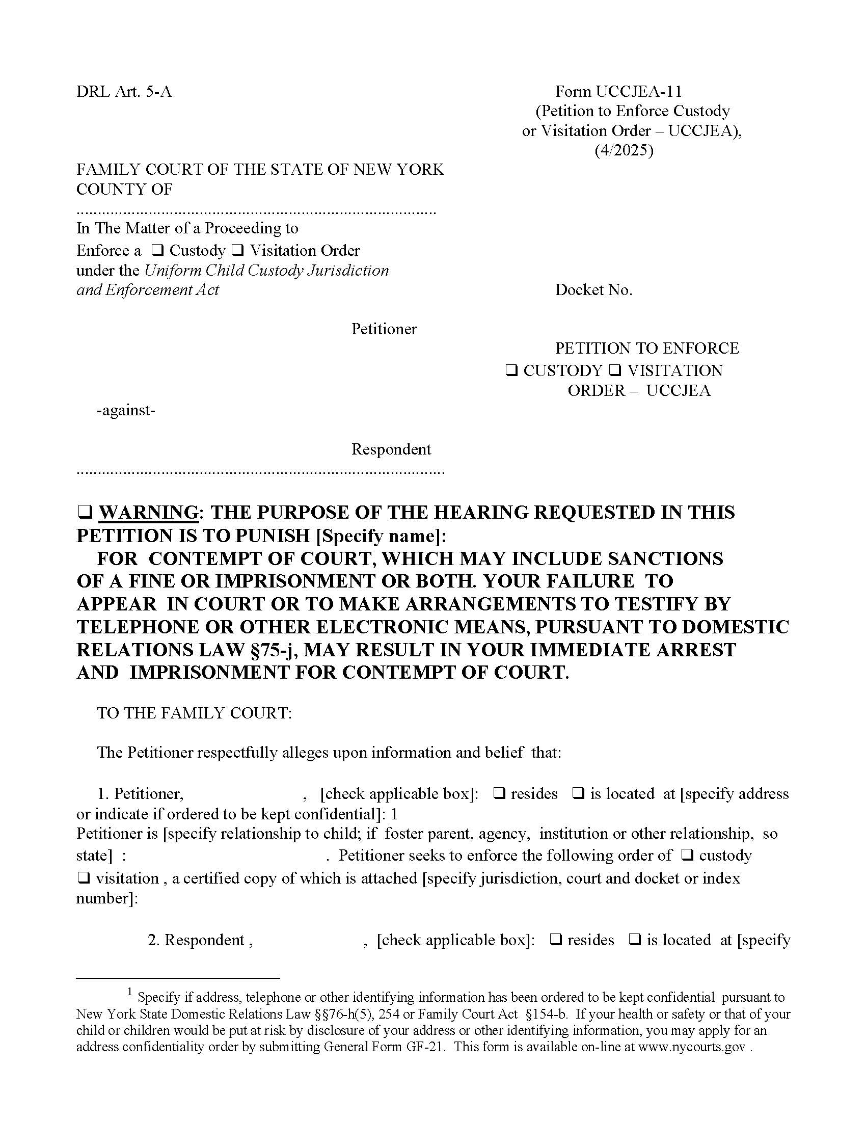 Petition To Enforce Custody Or Visitation Order {UCCJEA-11} | Pdf Fpdf Doc Docx | New York
