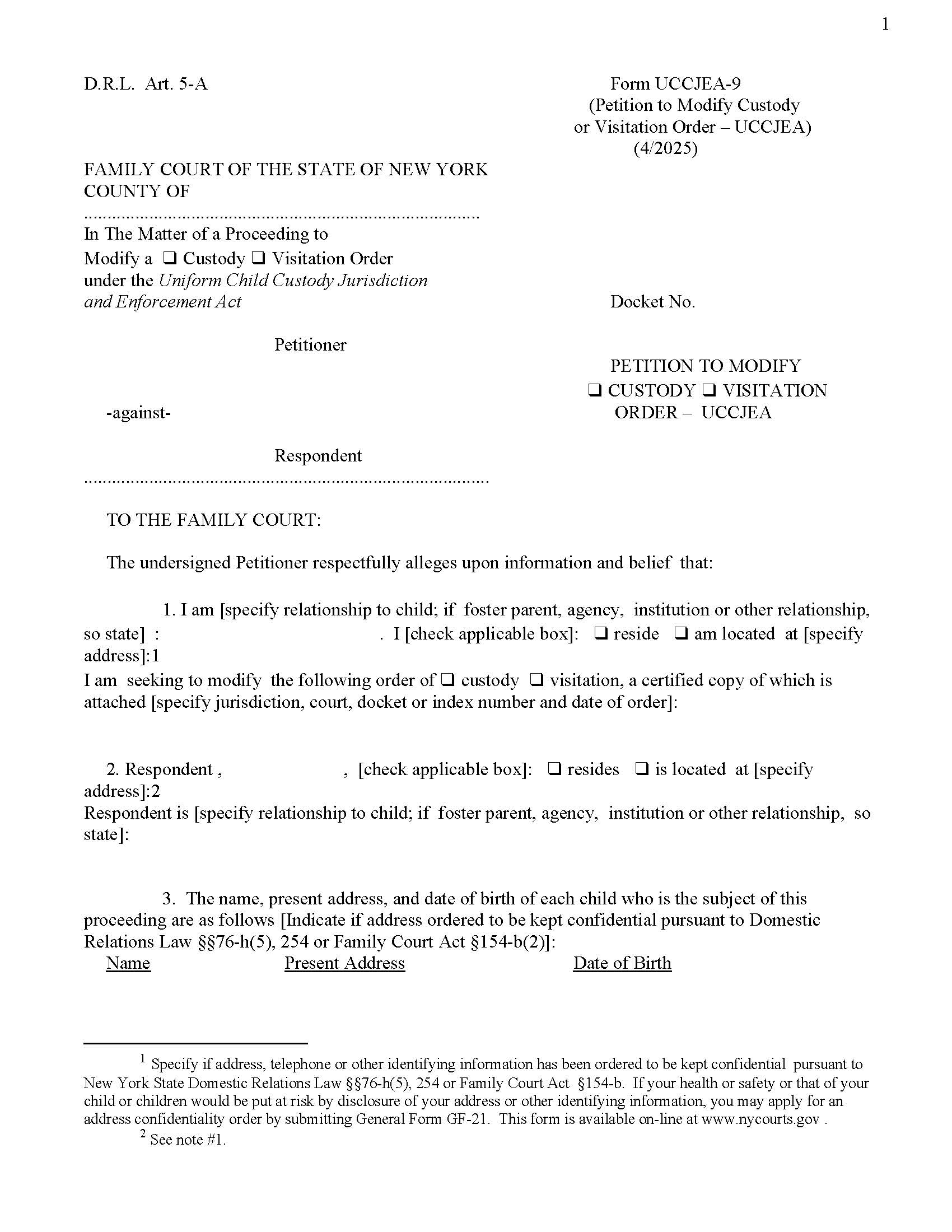 Petition To Modify Custody Or Visitation Order {UCCJEA-9} | Pdf Fpdf Doc Docx | New York
