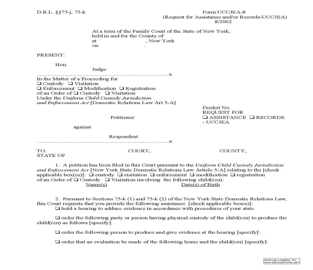 Request For Assistance And Or Records {UCCJEA-8} | Pdf Fpdf Doc Docx | New York