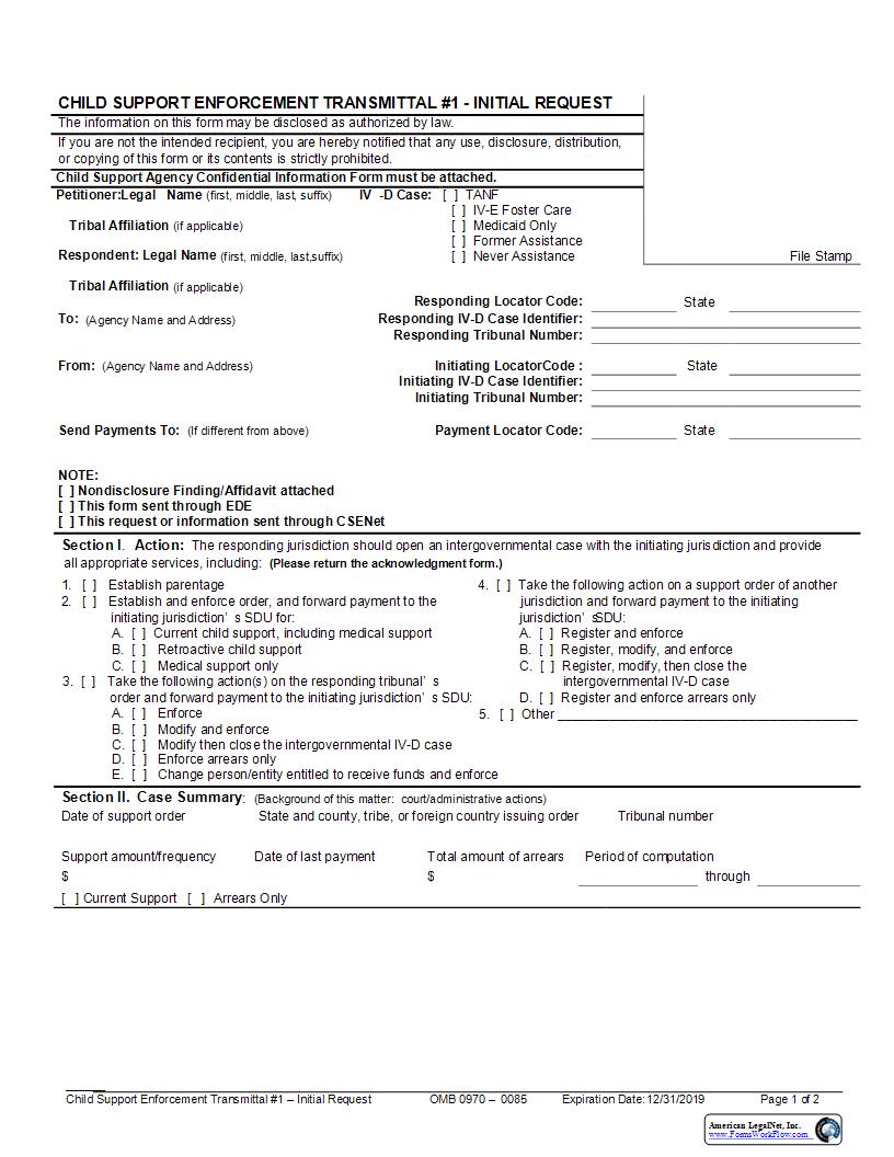 Child Support Enforcement Transmittal 1 Intial Request {UIFSA-1} | Pdf Fpdf Docx | New York