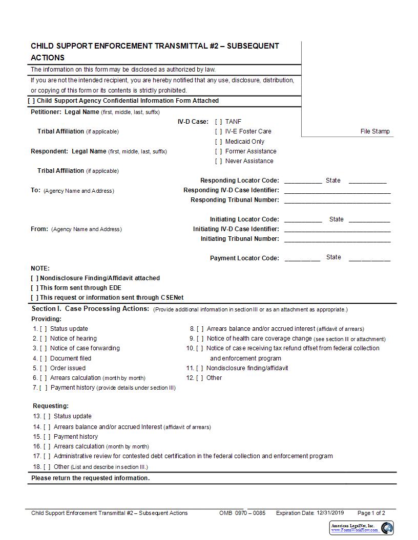 Child Support Enforcement Transmittal 2 Subsequent Actions {UIFSA-2} | Pdf Fpdf Docx | New York