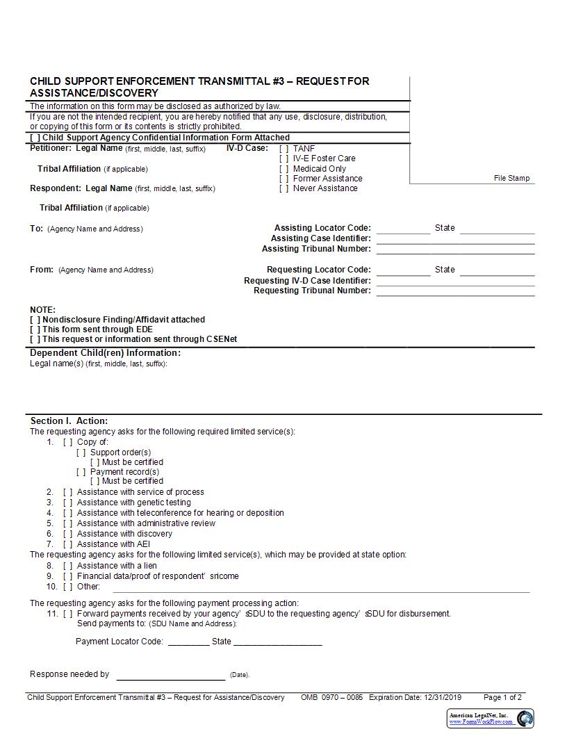 Child Support Enforcement Transmittal 3 Request For Assistance Or Discovery {UIFSA-3} | Pdf Fpdf Docx | New York