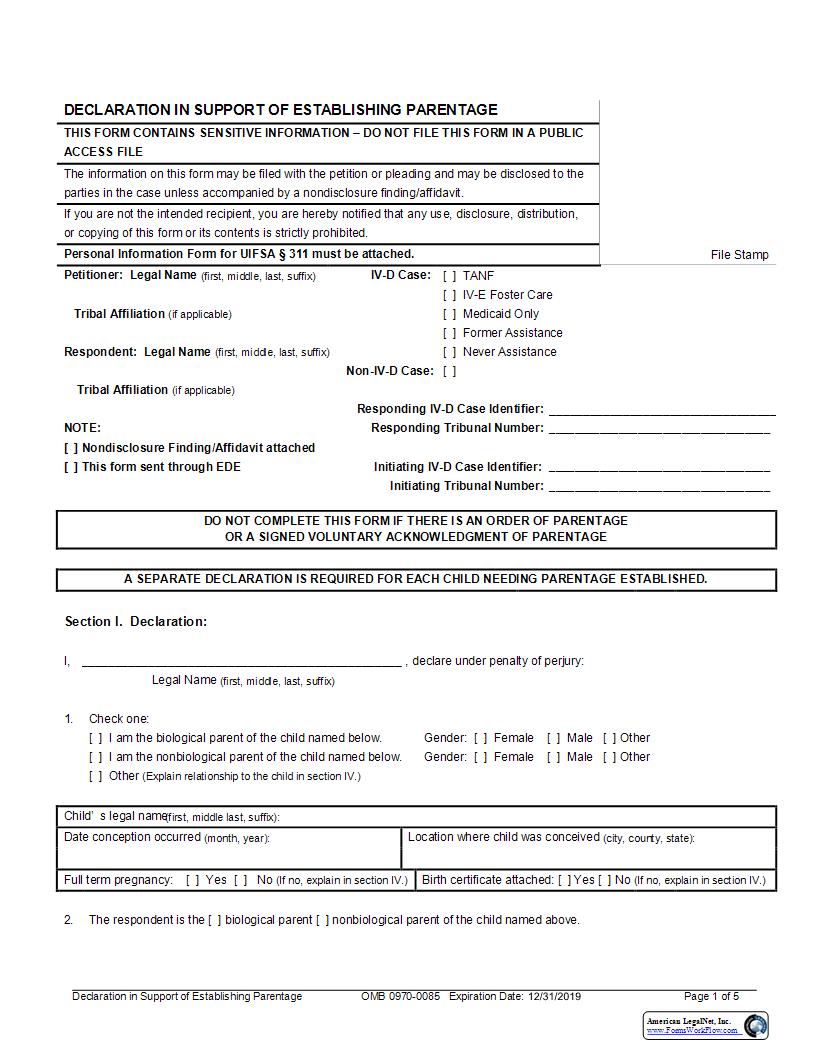 Declaration In Support Of Establishing Paternity {UIFSA-6} | Pdf Fpdf Docx | New York