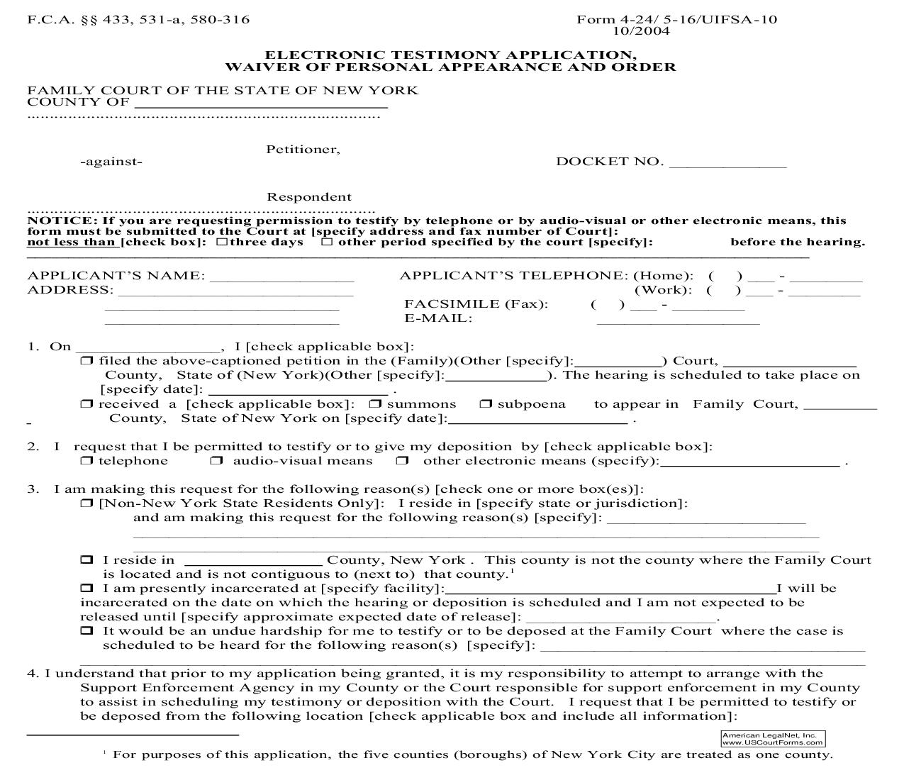 Electronic Testimony Application-Waiver Of Personal Appearance And Order {UIFSA-10} | Pdf Fpdf Doc Docx | New York