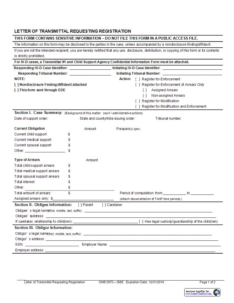 Letter Of Transmittal Requesting Registration {UIFSA-9} | Pdf Fpdf Docx | New York