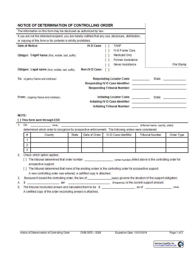 Notice Of Determination Of Controlling Order {UIFSA-8} | Pdf Fpdf Docx | New York