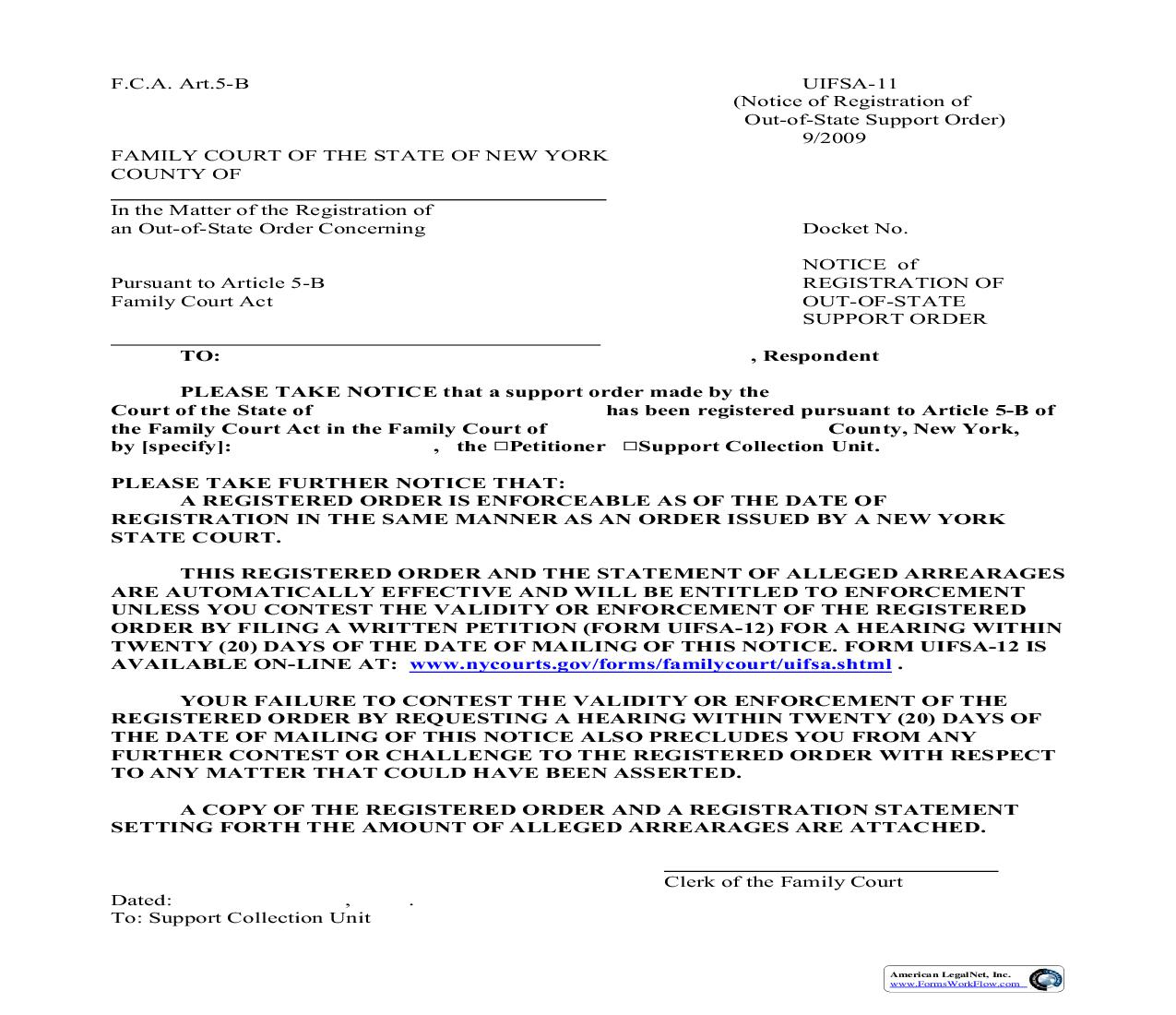 Notice Of Registration Of Out Of State Support Order {UIFSA-11} | Pdf Fpdf Doc Docx | New York