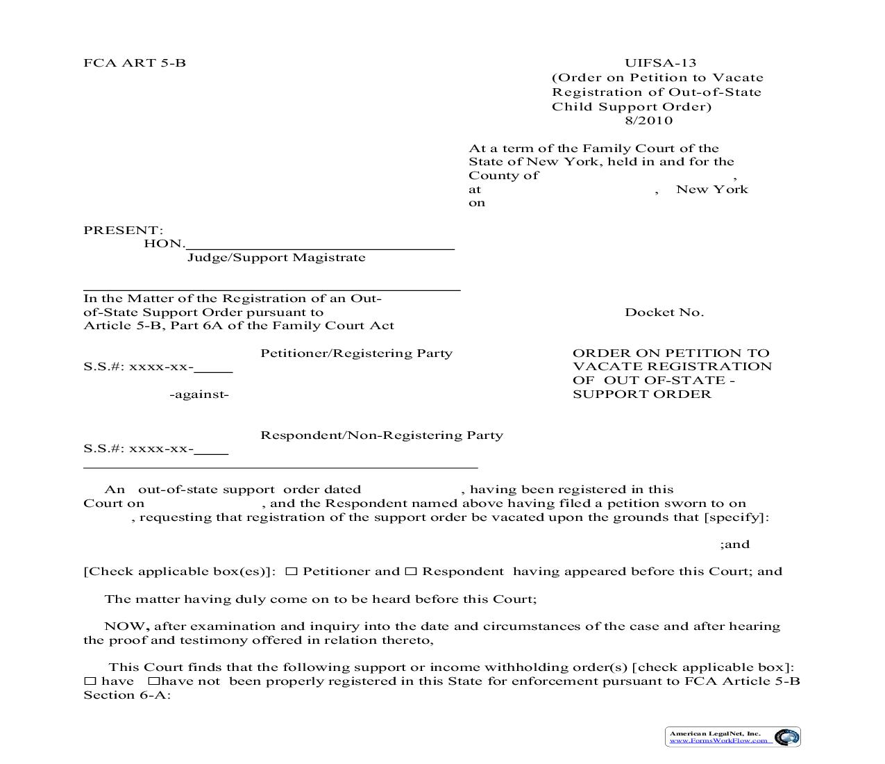Order On Petition To Vacate Registration Of Out Of State Support Order {UIFSA-13} | Pdf Fpdf Doc Docx | New York