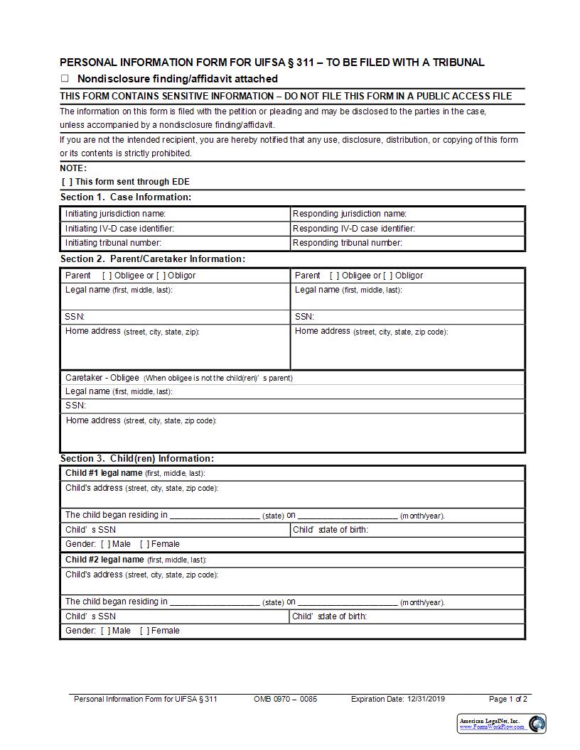 Personal Information Form {UIFSA-15} | Pdf Fpdf Docx | New York