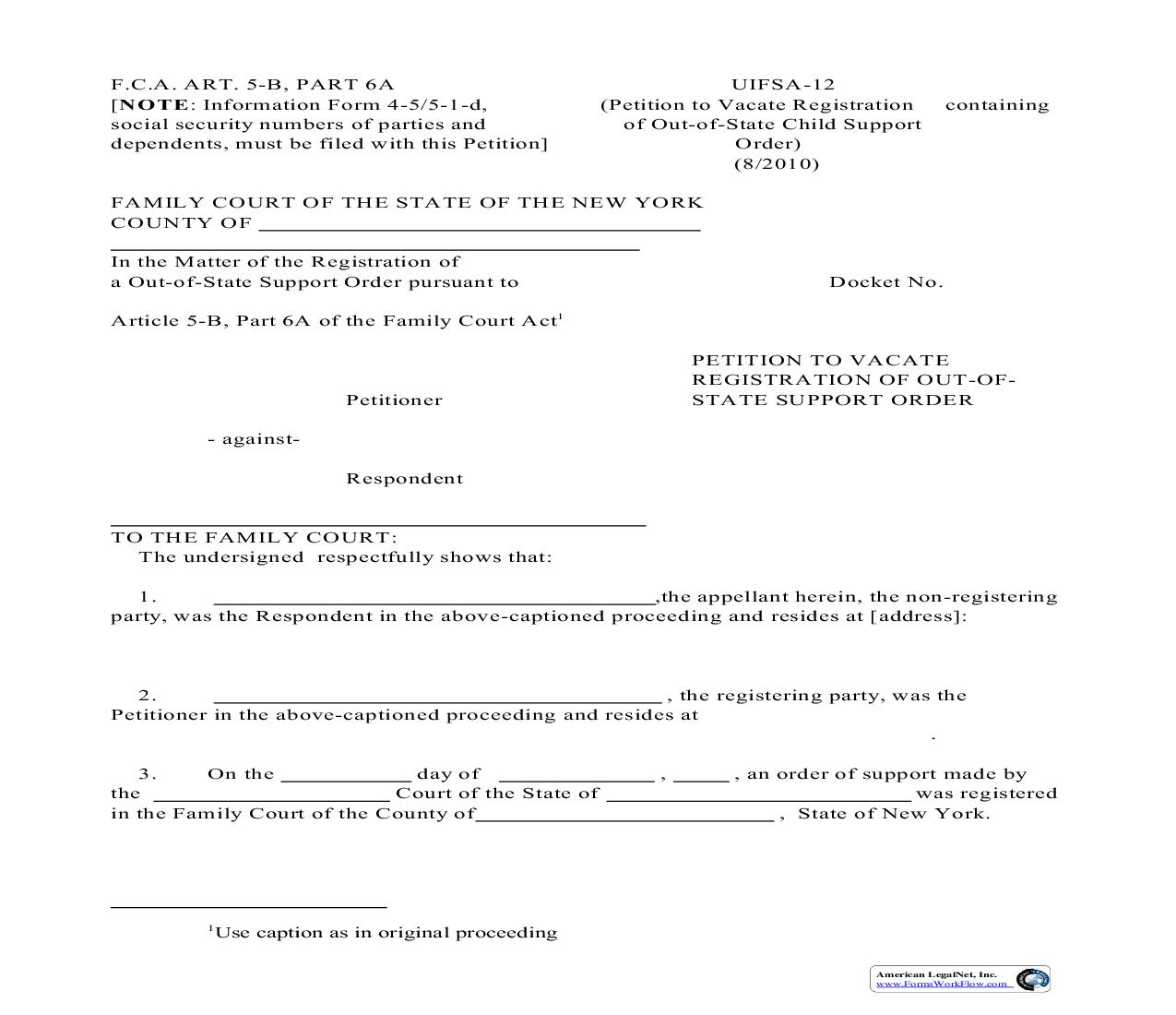 Petition To Vacate Registration Of Out Of State Support Order {UIFSA-12} | Pdf Fpdf Doc Docx | New York