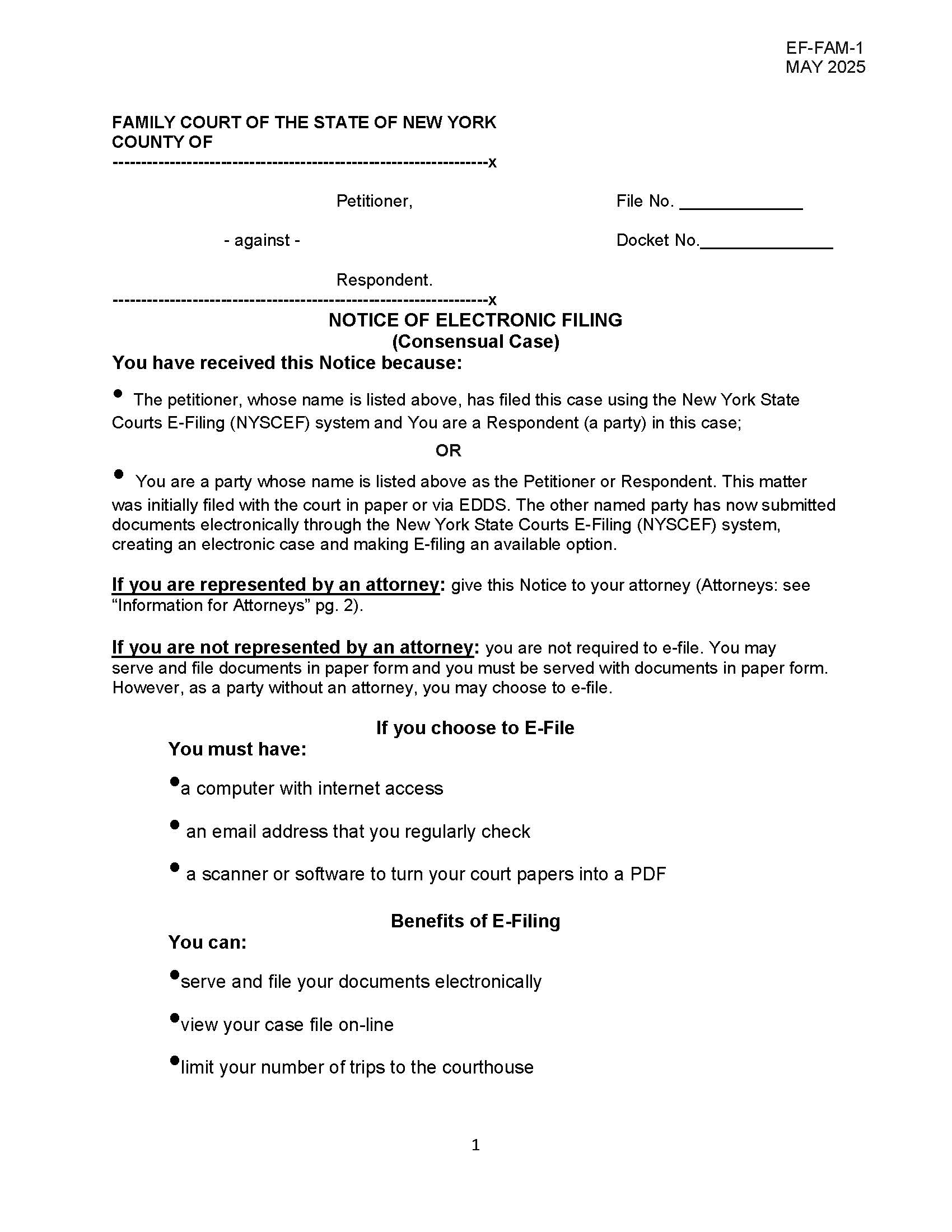 Notice Of Electronic Filing (Consensual Case) {EF-FAM-1} | Pdf Fpdf Docx | New York