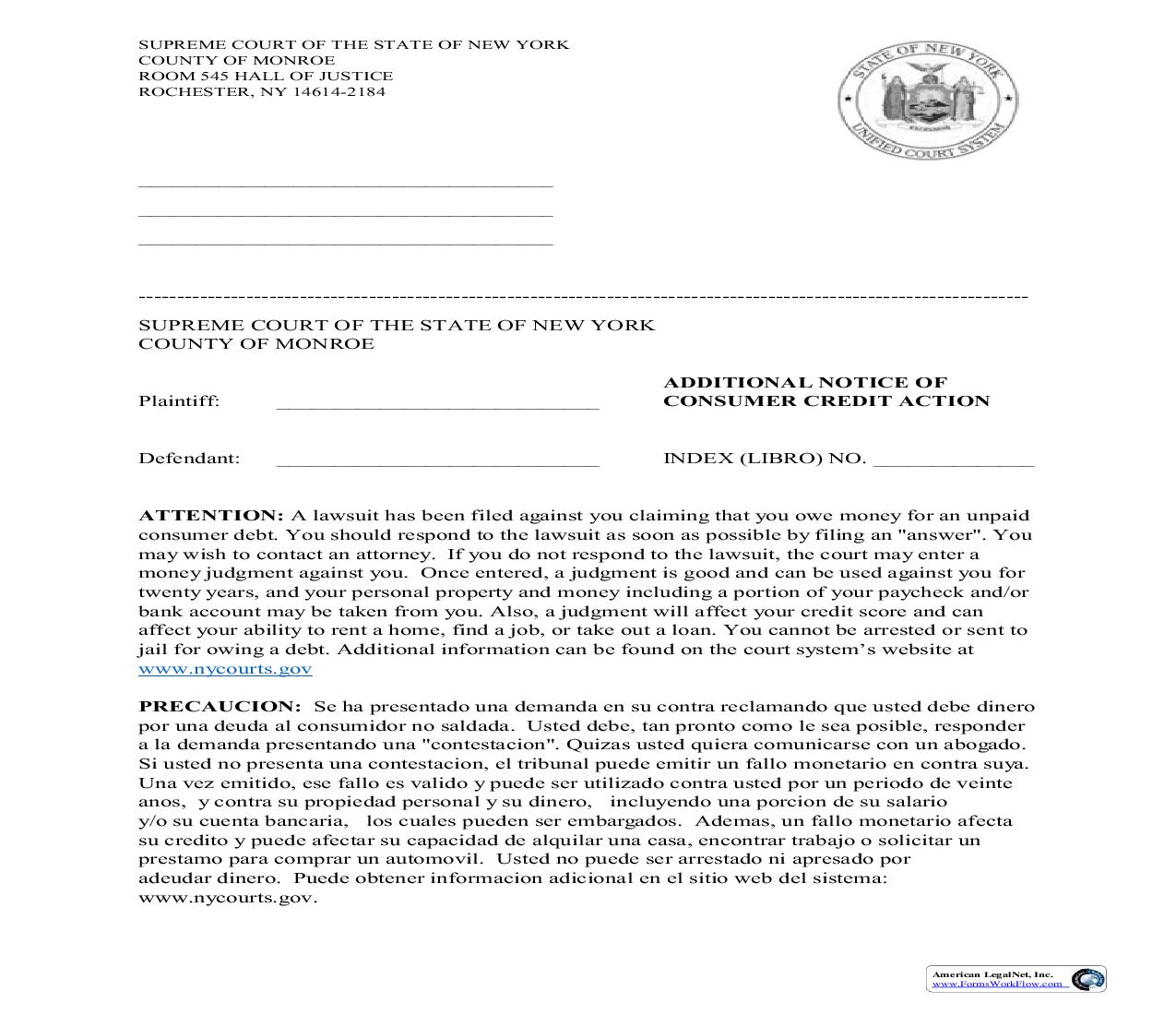 Additional Notice Of Consumer Credit Action | Pdf Fpdf Doc Docx | New York