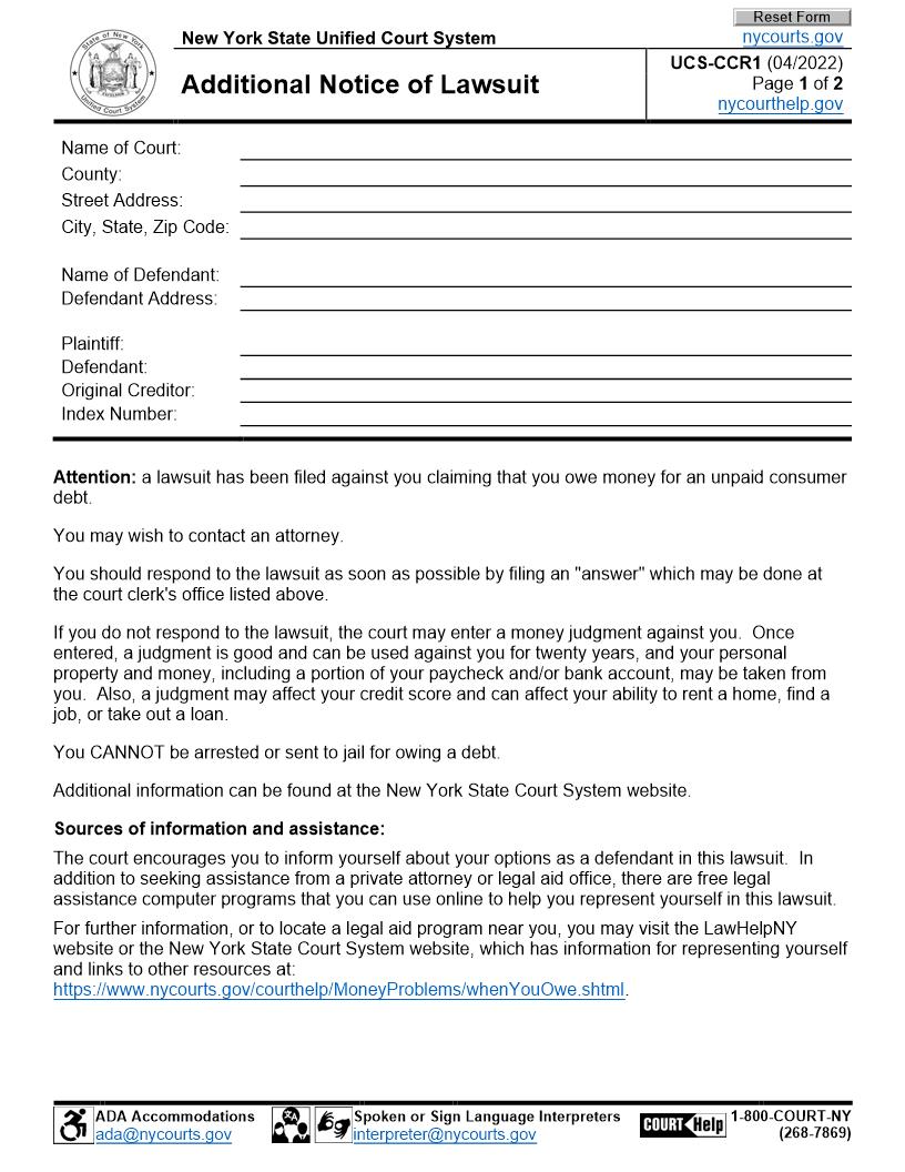 Additional Notice Of Lawsuit {UCS-CCR1} | Pdf Fpdf Docx | New York