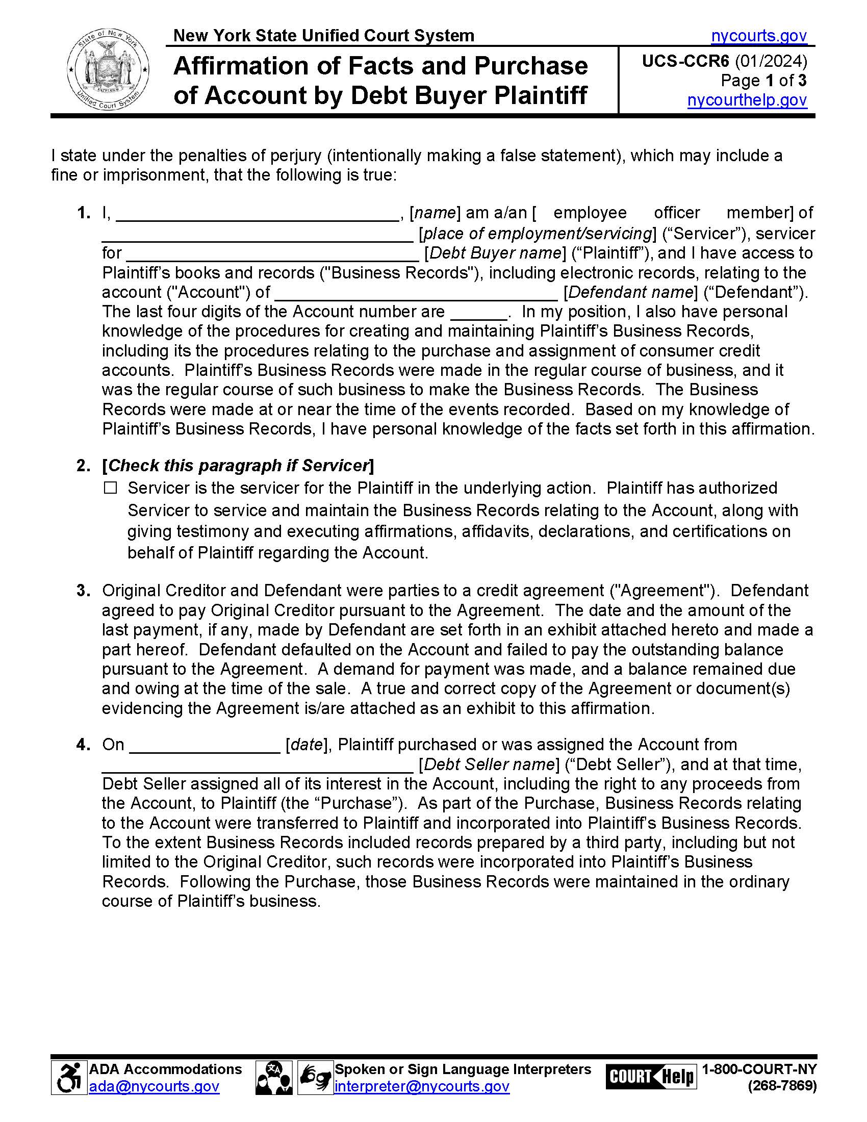 Affirmation Of Facts And Purchase Of Account By Debt Buyer Plaintiff {UCS-CCR6} | Pdf Fpdf Doc Docx | New York