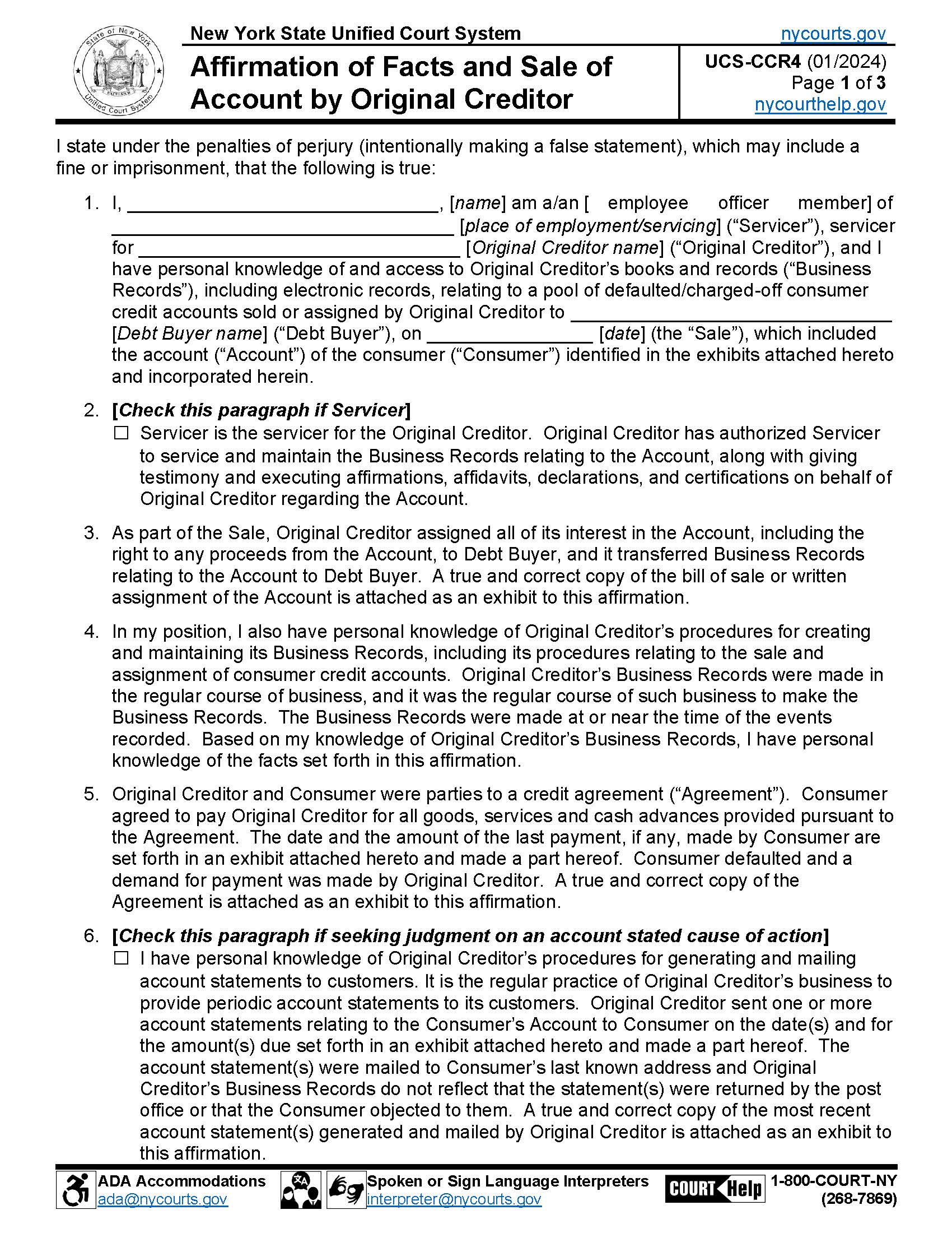 Affirmation Of Facts And Sale Of Account By Original Creditor {UCS-CCR4} | Pdf Fpdf Doc Docx | New York