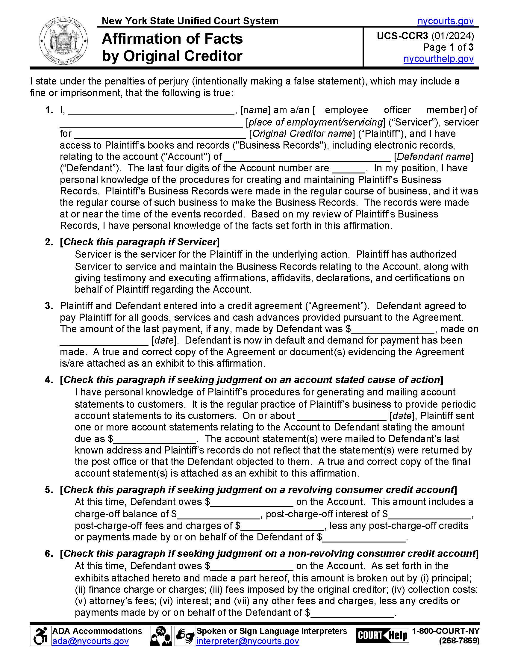 Affirmation Of Facts By Original Creditor {UCS-CCR3} | Pdf Fpdf Doc Docx | New York