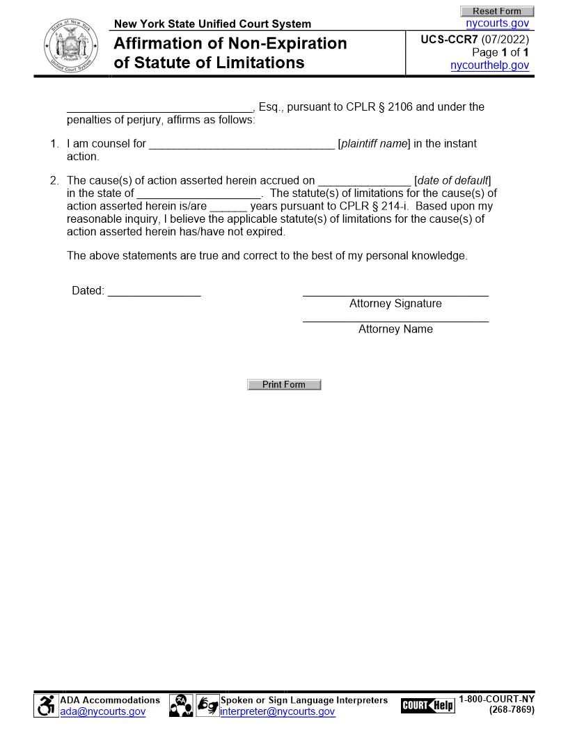 Affirmation Of Non-Expiration Of Statute Of Limitations {UCS-CCR7} | Pdf Fpdf Doc Docx | New York