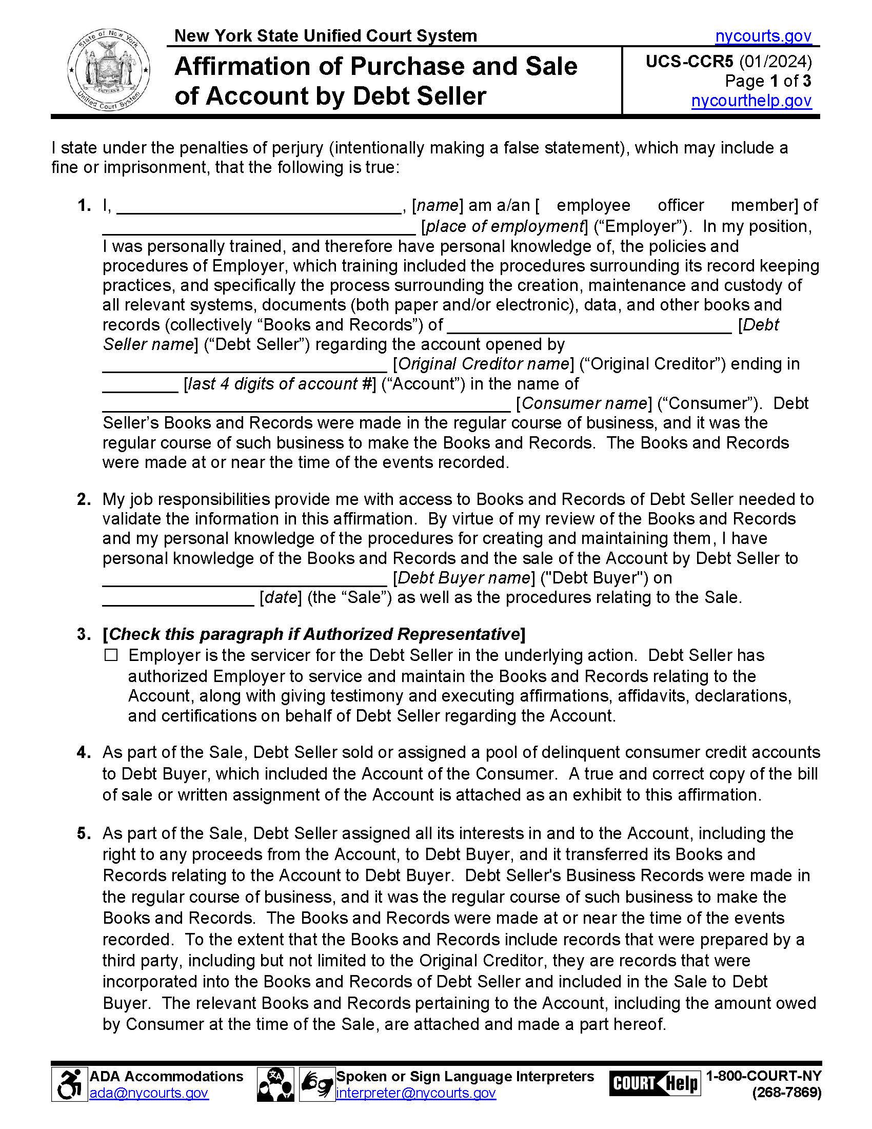 Affirmation Of Purchase And Sale Of Account By Debt Seller {UCS-CCR5} | Pdf Fpdf Doc Docx | New York