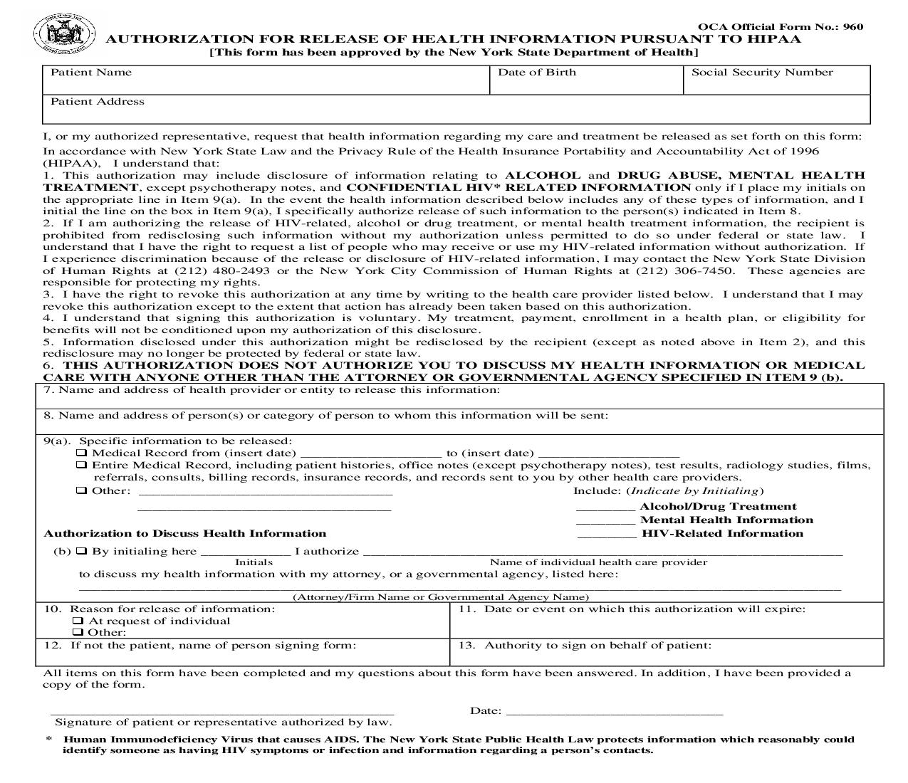 Authorization For Release Of Health Information Pursuant To HIPAA {960} | Pdf Fpdf Doc Docx | New York