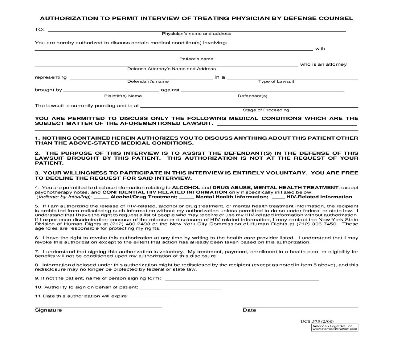 Authorization To Permit Interview Of Treating Physician By Defense Counsel (HIPAA) {UCS575} | Pdf Fpdf Doc Docx | New York