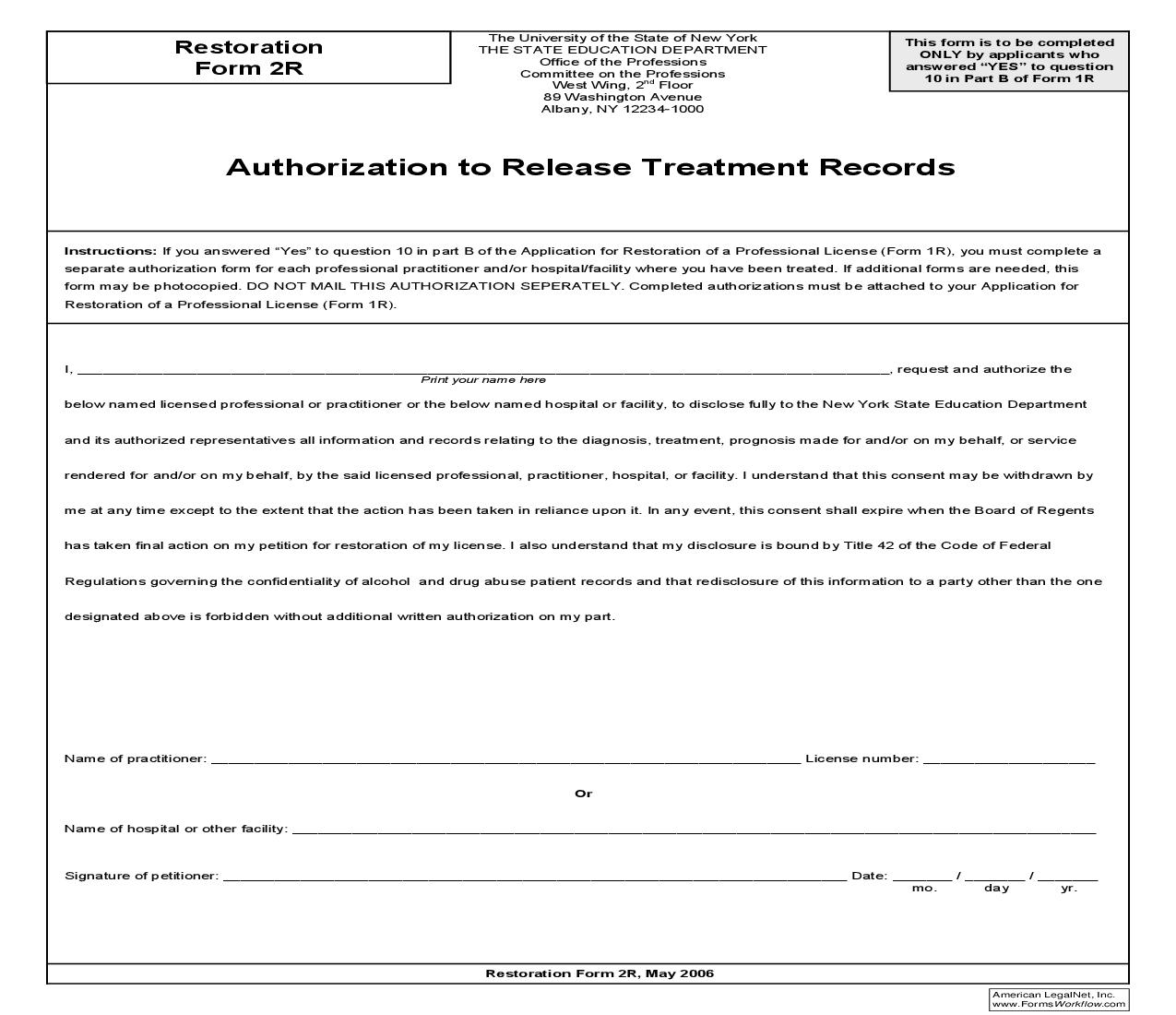Authorization To Release Treatment Records {2R} | Pdf Fpdf Doc Docx | New York