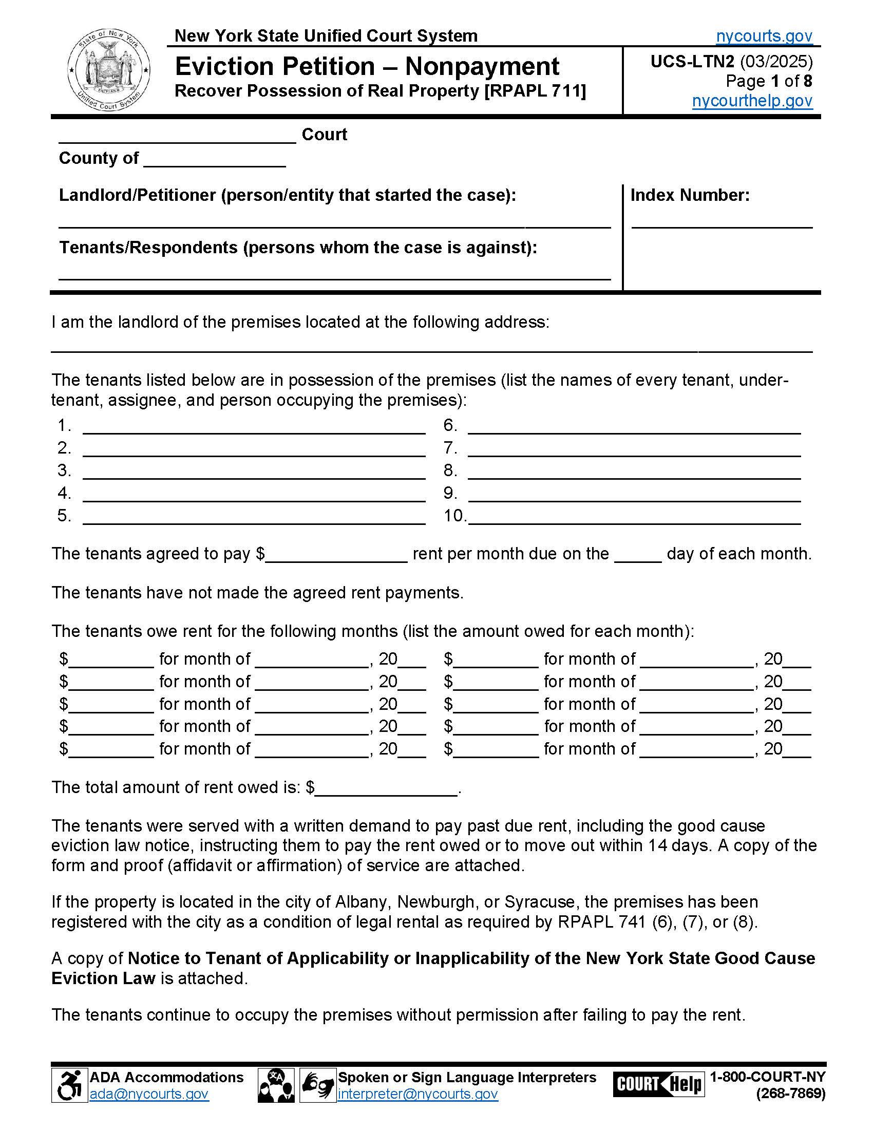 Eviction Petition Nonpayment Recover Prossession Of Real Property {UCS-LTN2} | Pdf Fpdf Docx | New York