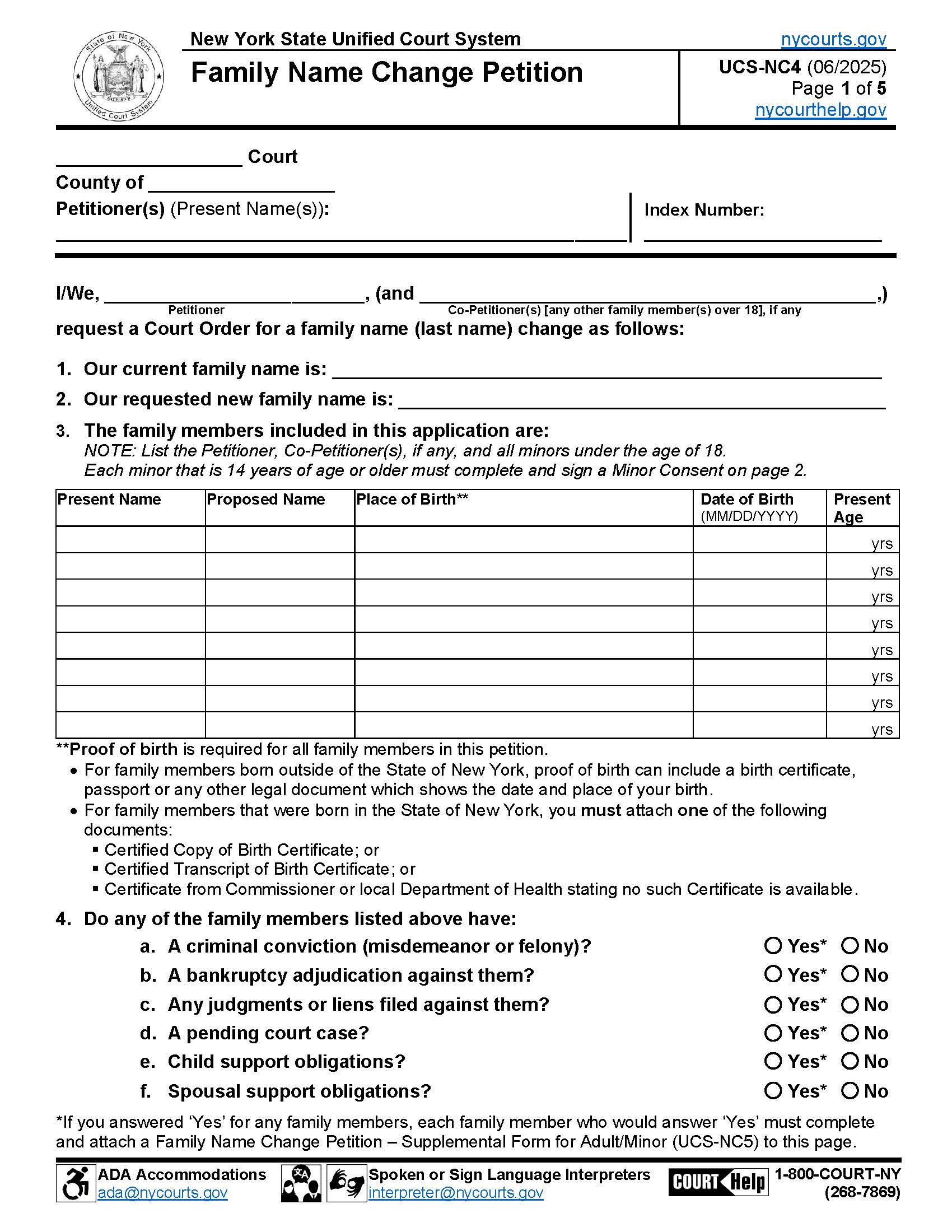 Family Name Change Petition {UCS-NC4} | Pdf Fpdf Docx | New York