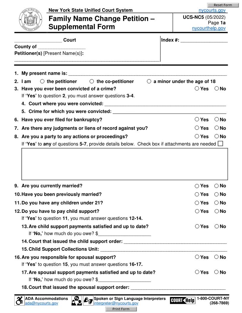 Family Name Change Petition - Supplemental Form {UCS-NC5} | Pdf Fpdf Docx | New York